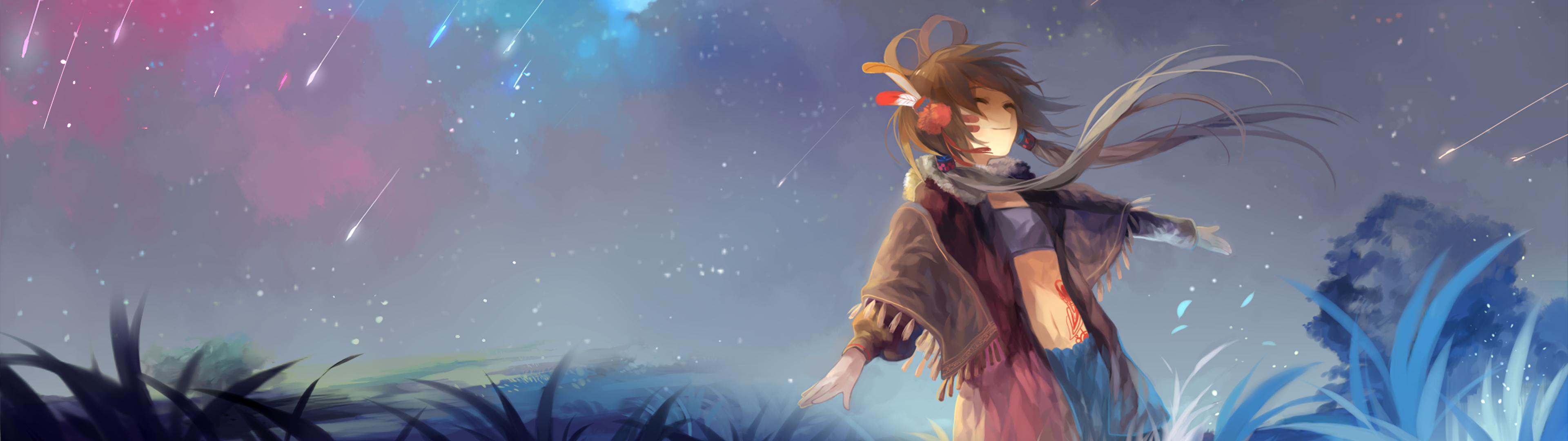 Anime girl under a starry sky with shooting stars HD Wallpaper