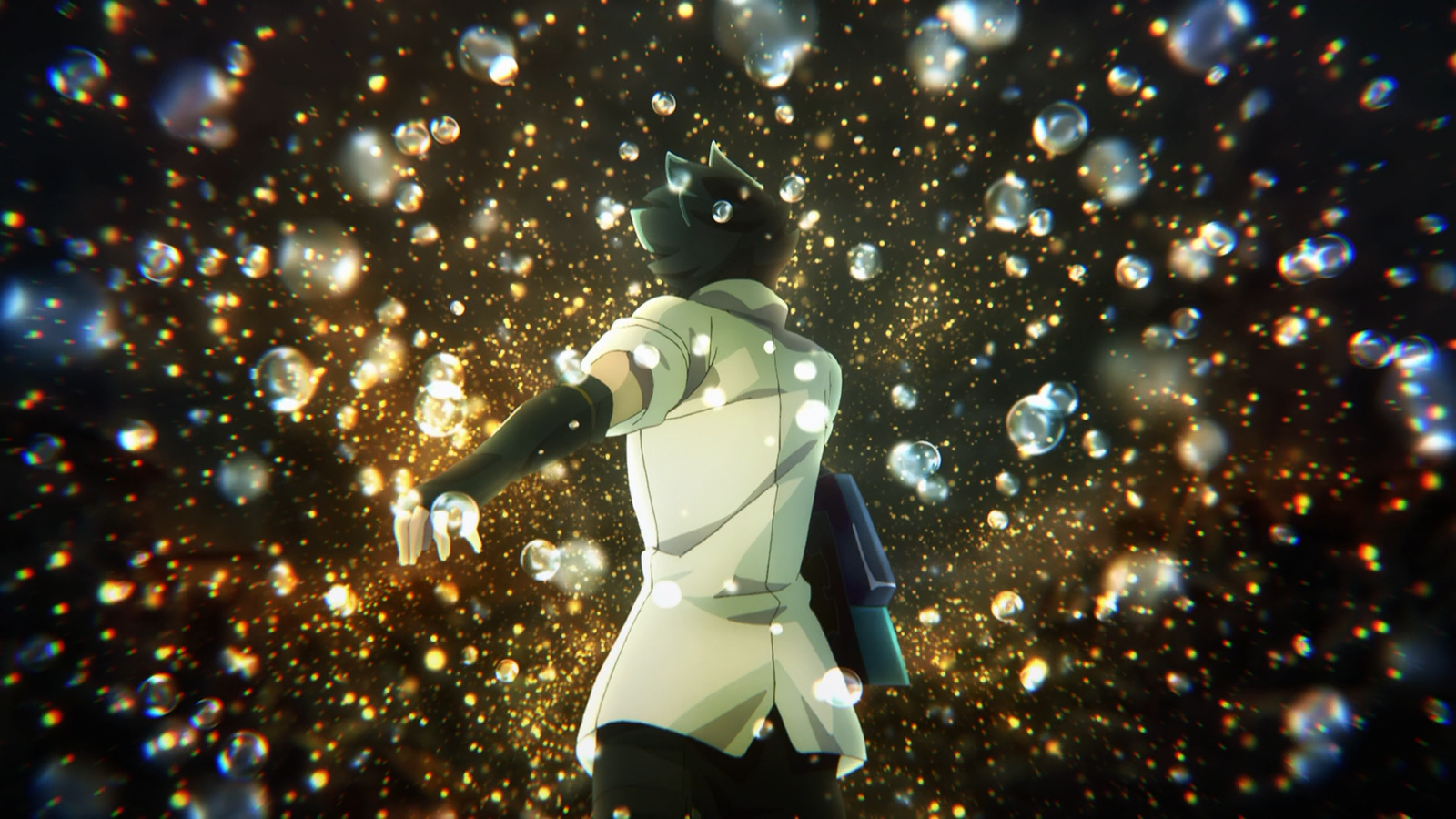 Lenka Utsugi surrounded by glowing particles and bubbles HD Wallpaper