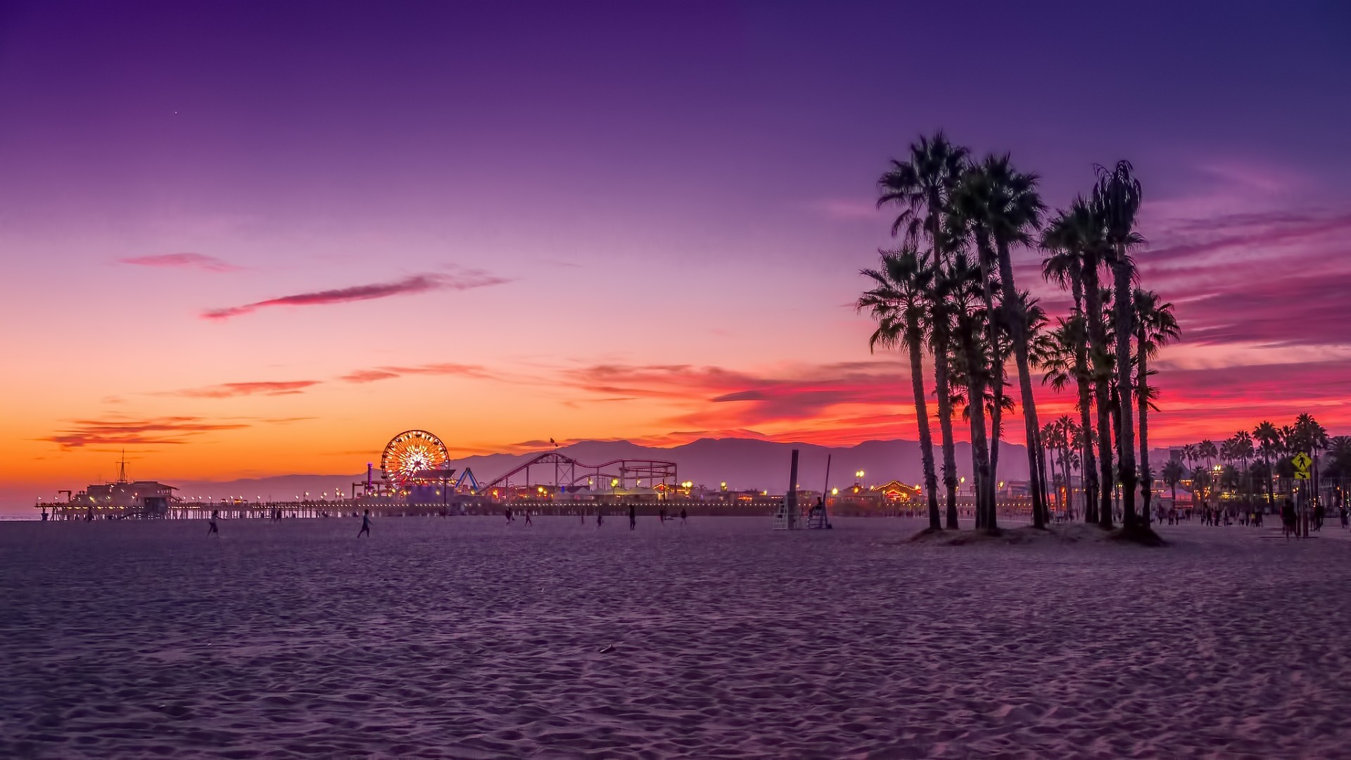 Santa Monica Pier at sunset with palm trees HD Wallpaper