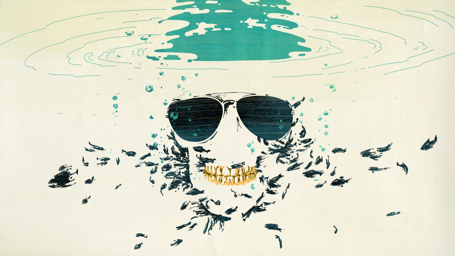 Artwork of a skull with sunglasses and gold teeth surrounded by fish HD Wallpaper