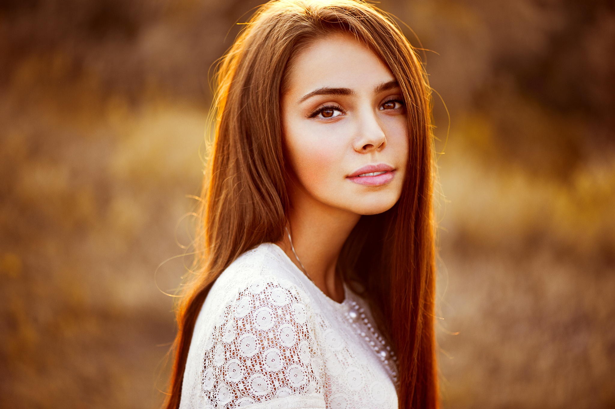 Woman with long brown hair and brown eyes HD Wallpaper