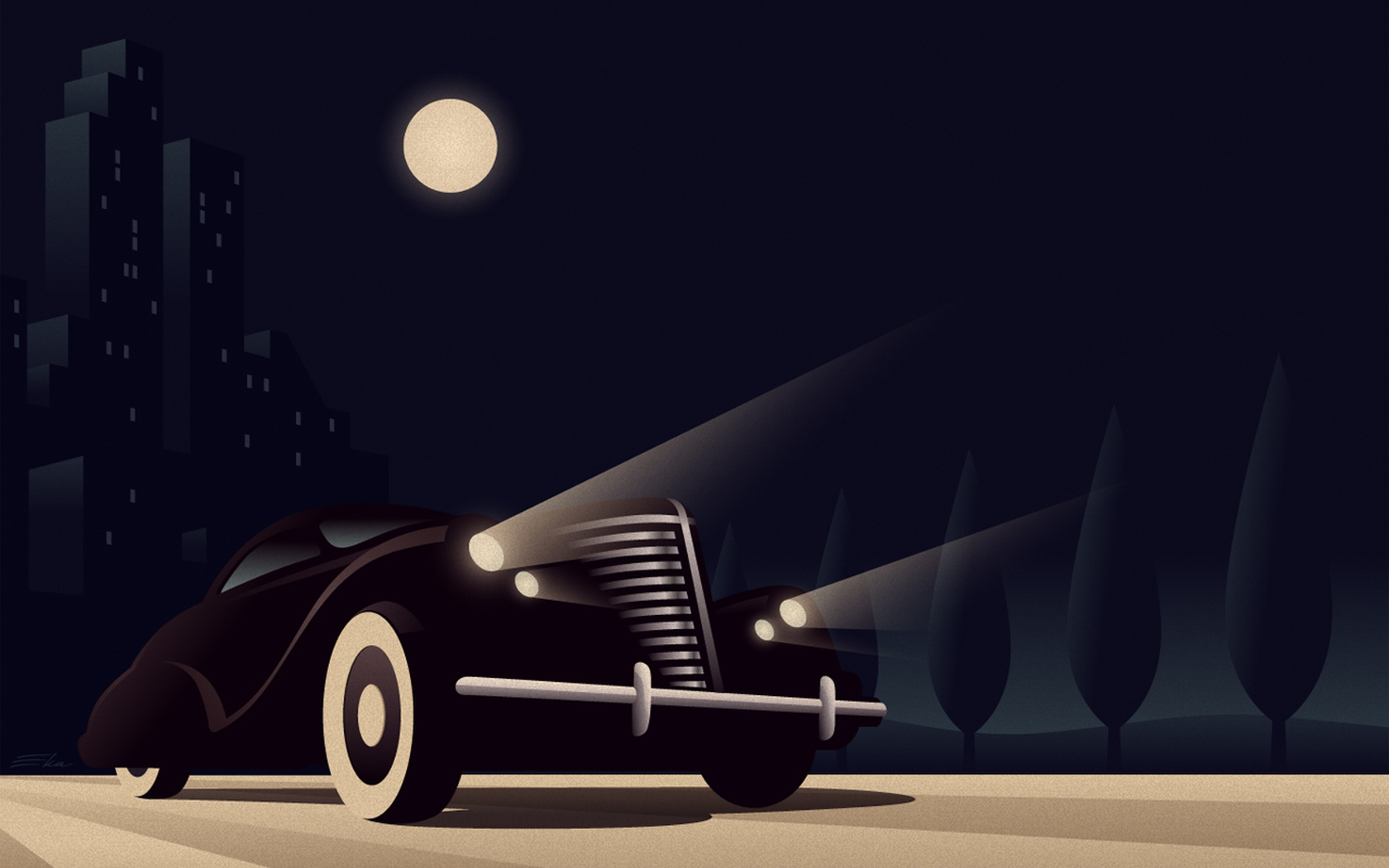 Art Deco Car Driving Through City at Night HD Wallpaper