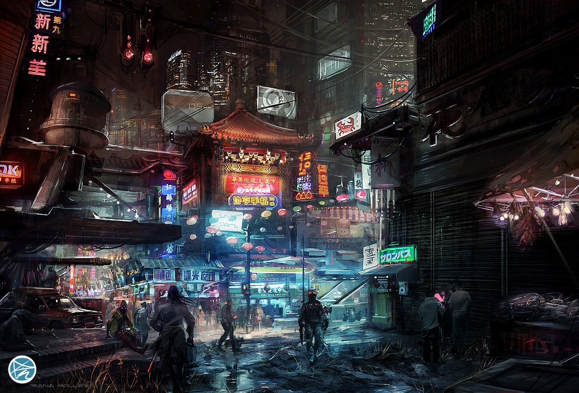 Cyberpunk Asian City Street at Night HD Wallpaper