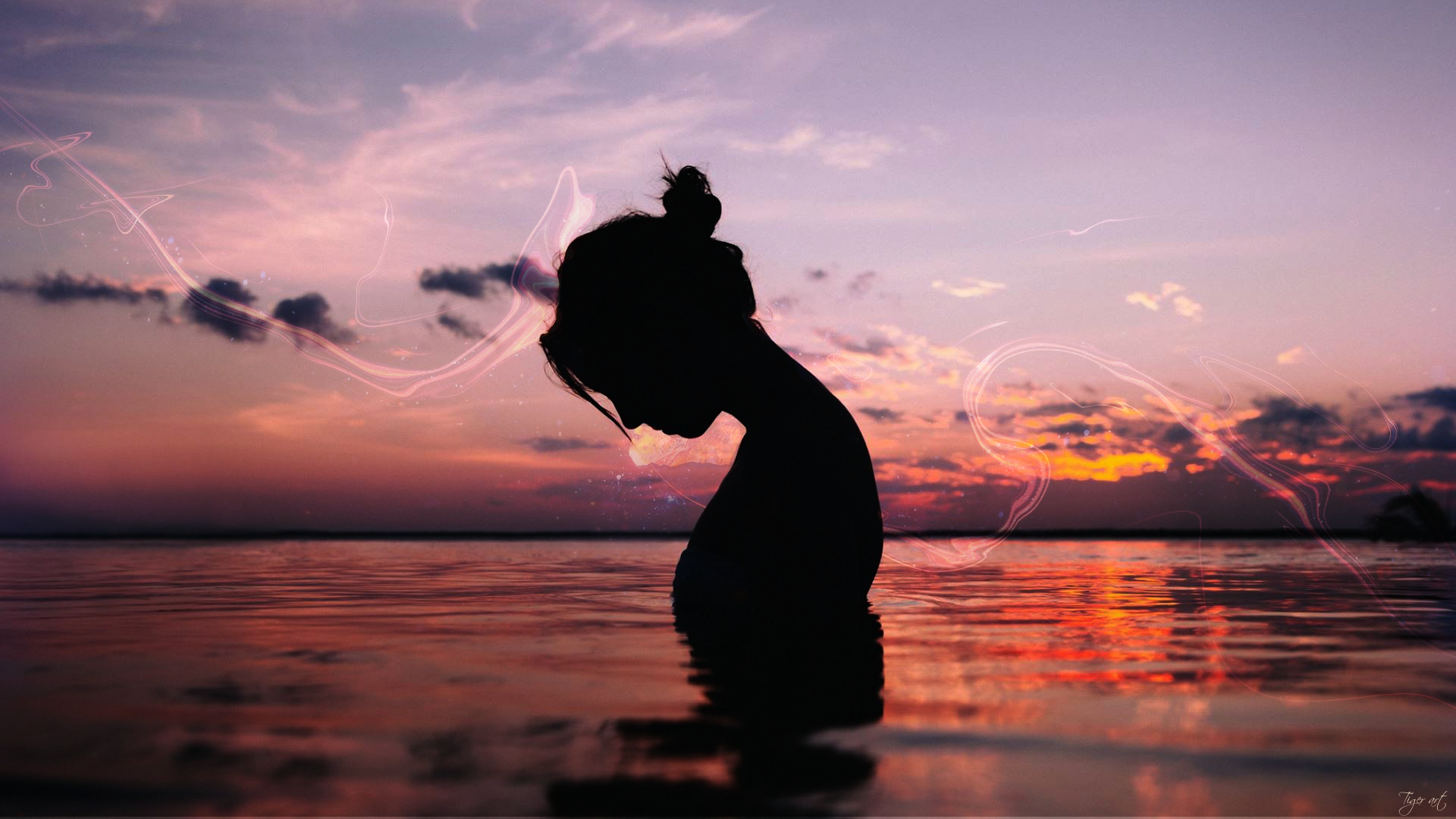 Silhouette of a woman at sunset over the Pacific Ocean HD Wallpaper