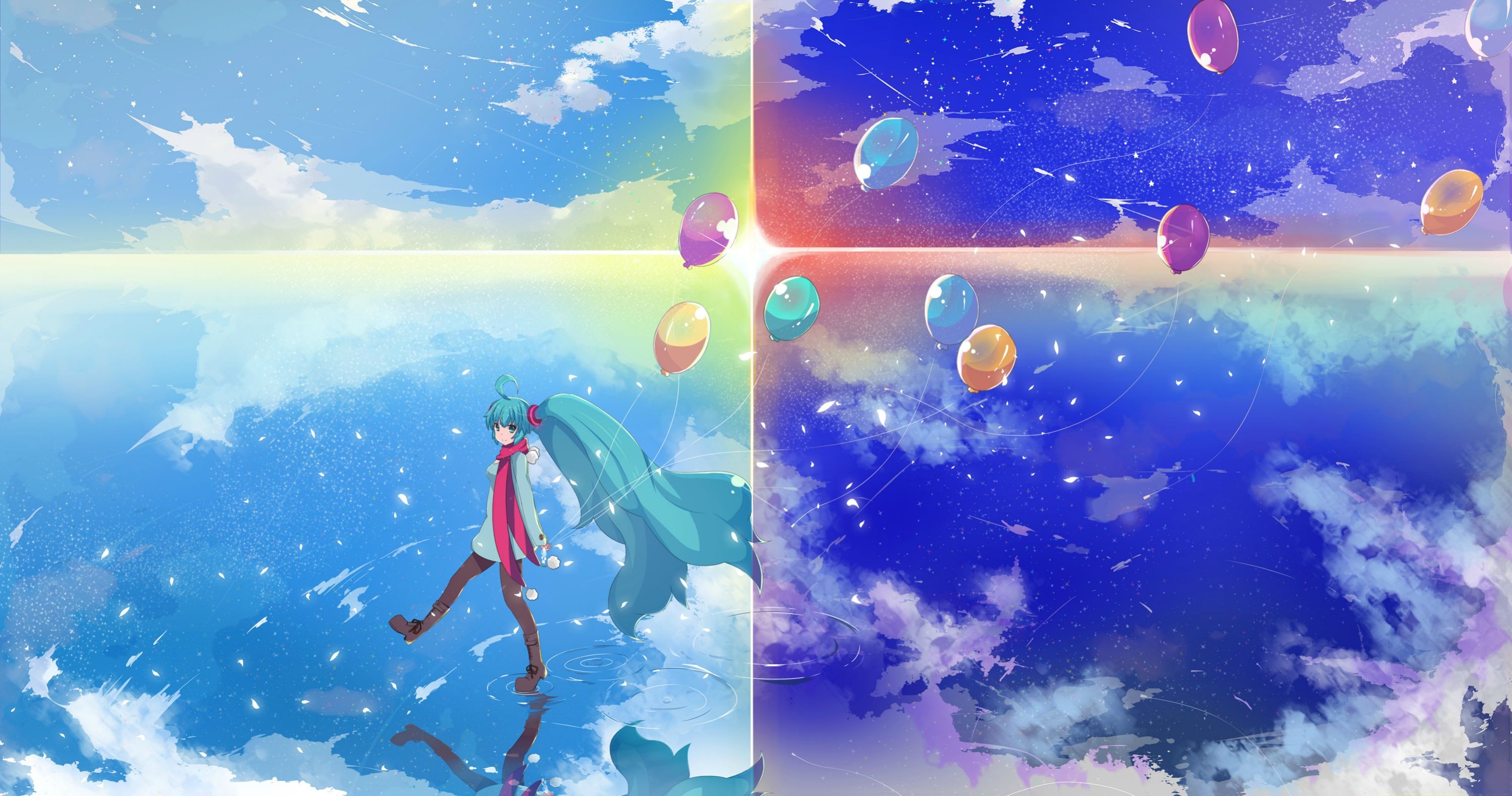 Hatsune Miku walks on water with balloons HD Wallpaper