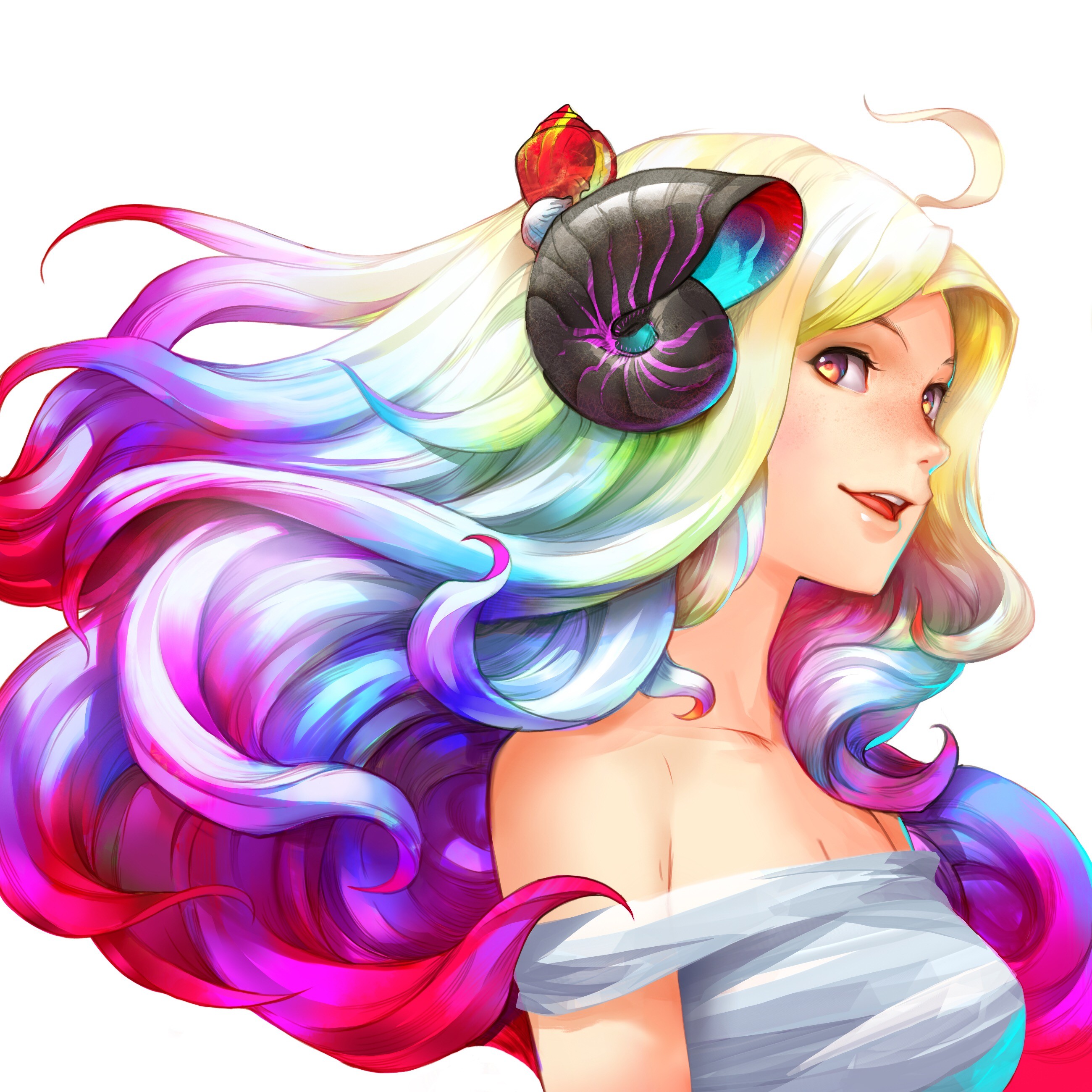 Girl with colorful hair and seashell horn HD Wallpaper