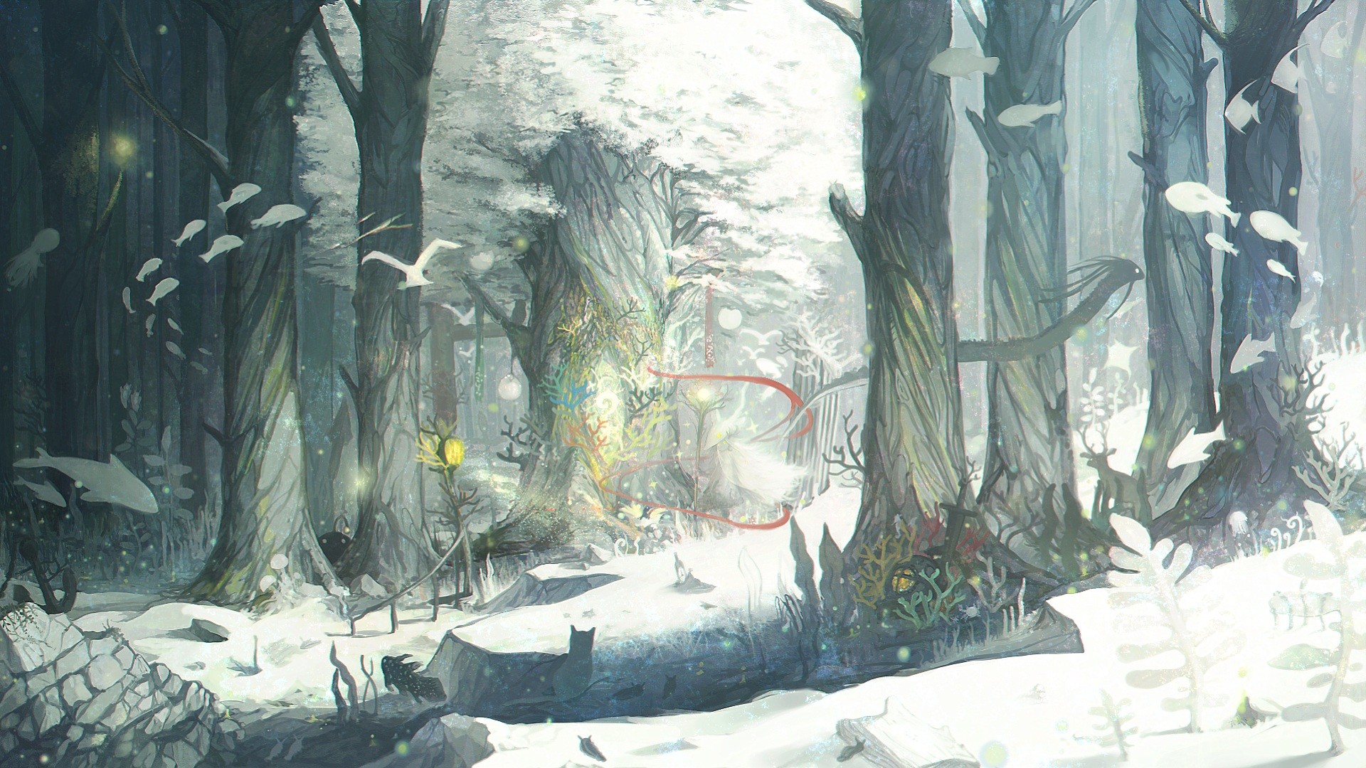 Fantasy forest with snow, fish, and birds HD Wallpaper