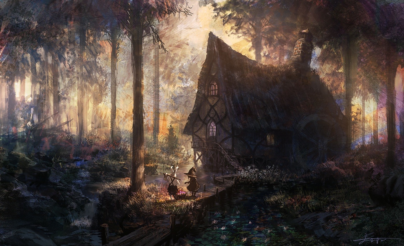 A witch and a cauldron in a dark forest HD Wallpaper