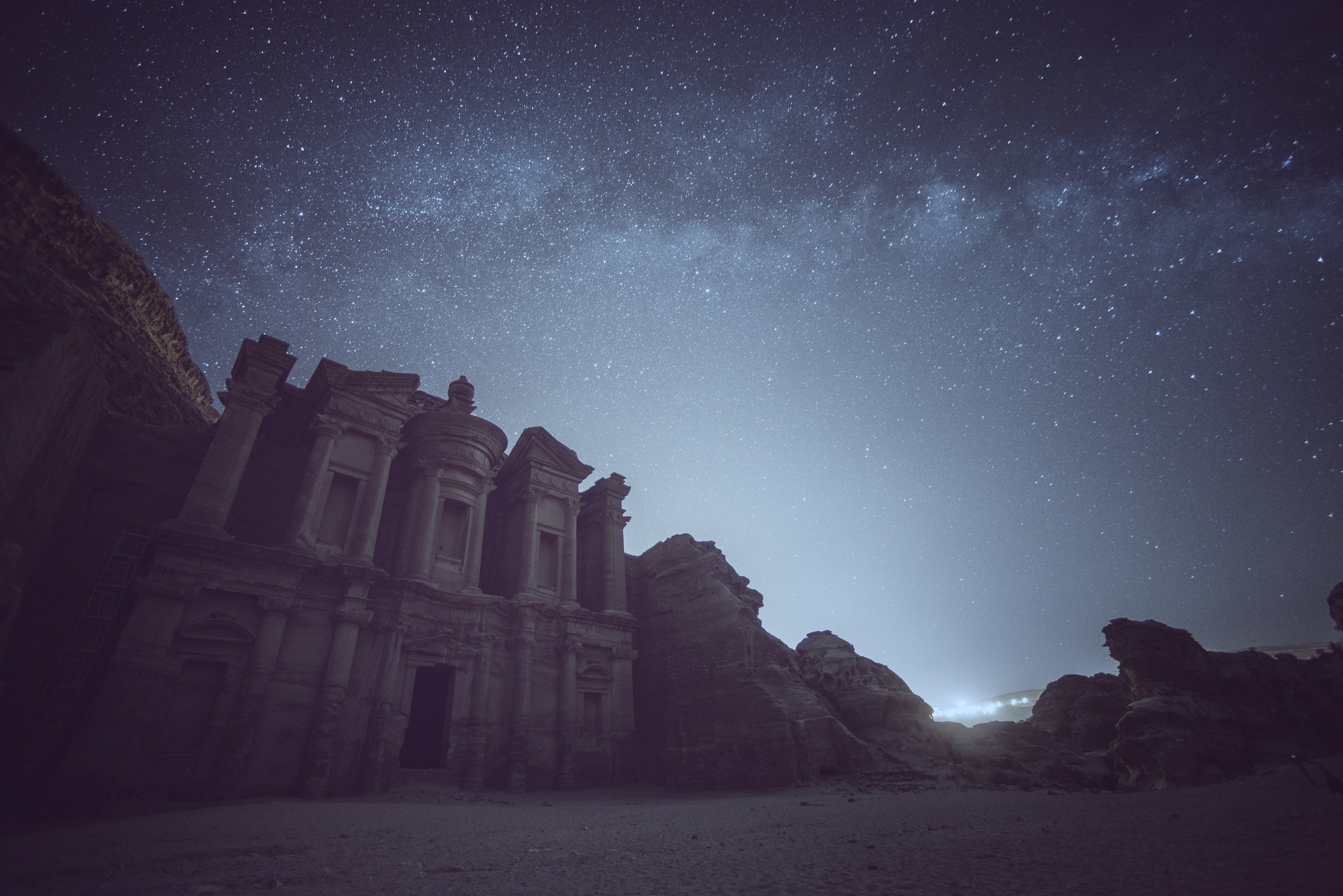 Ancient Petra Monastery under the Milky Way at Night HD Wallpaper