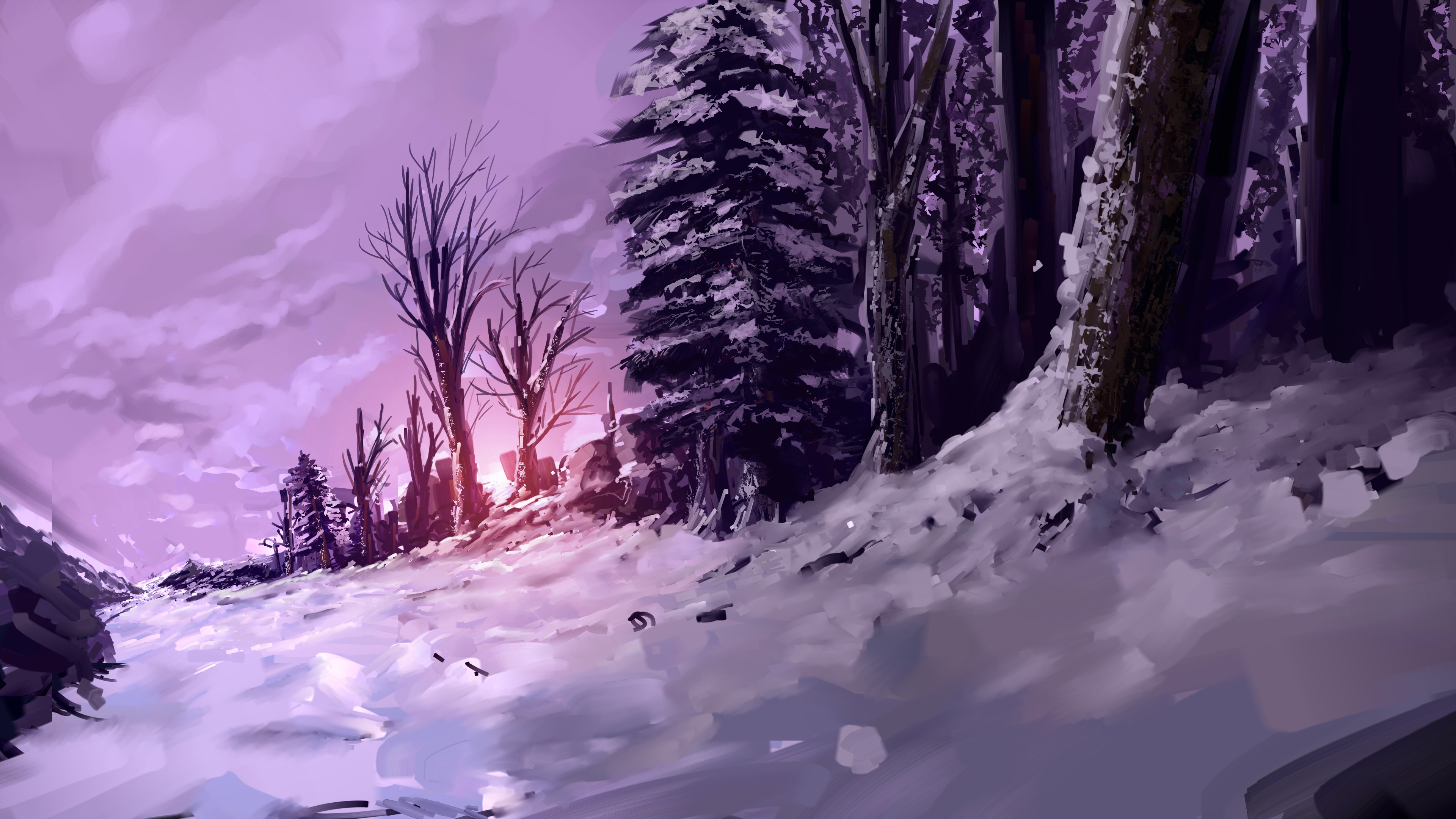 Fantasy art of a snowy forest at sunset HD Wallpaper