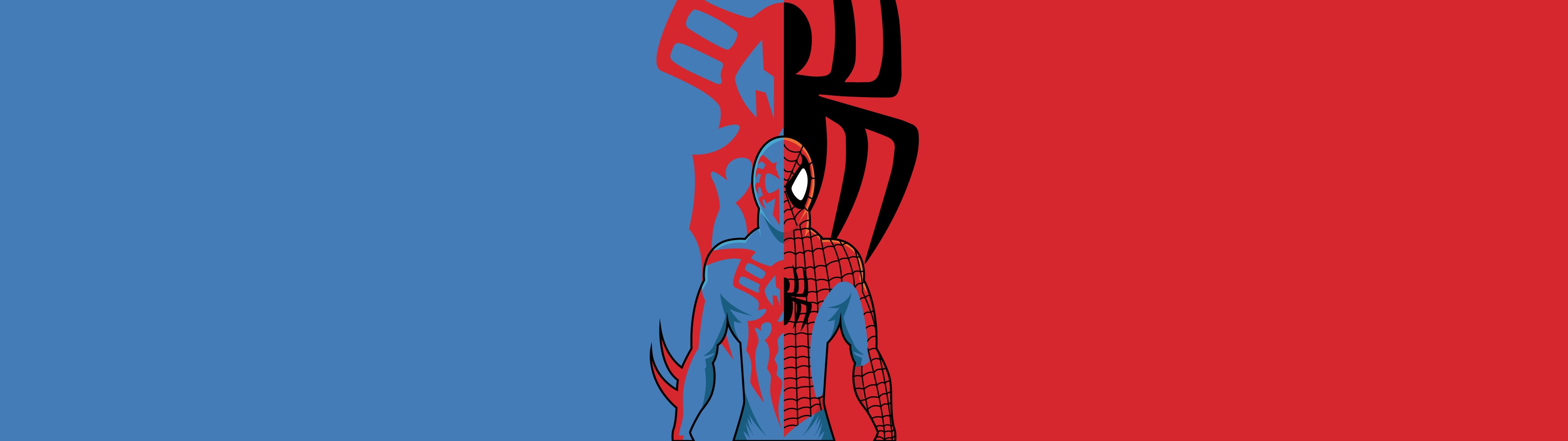 Spider-Man split design with blue and red backgrounds HD Wallpaper