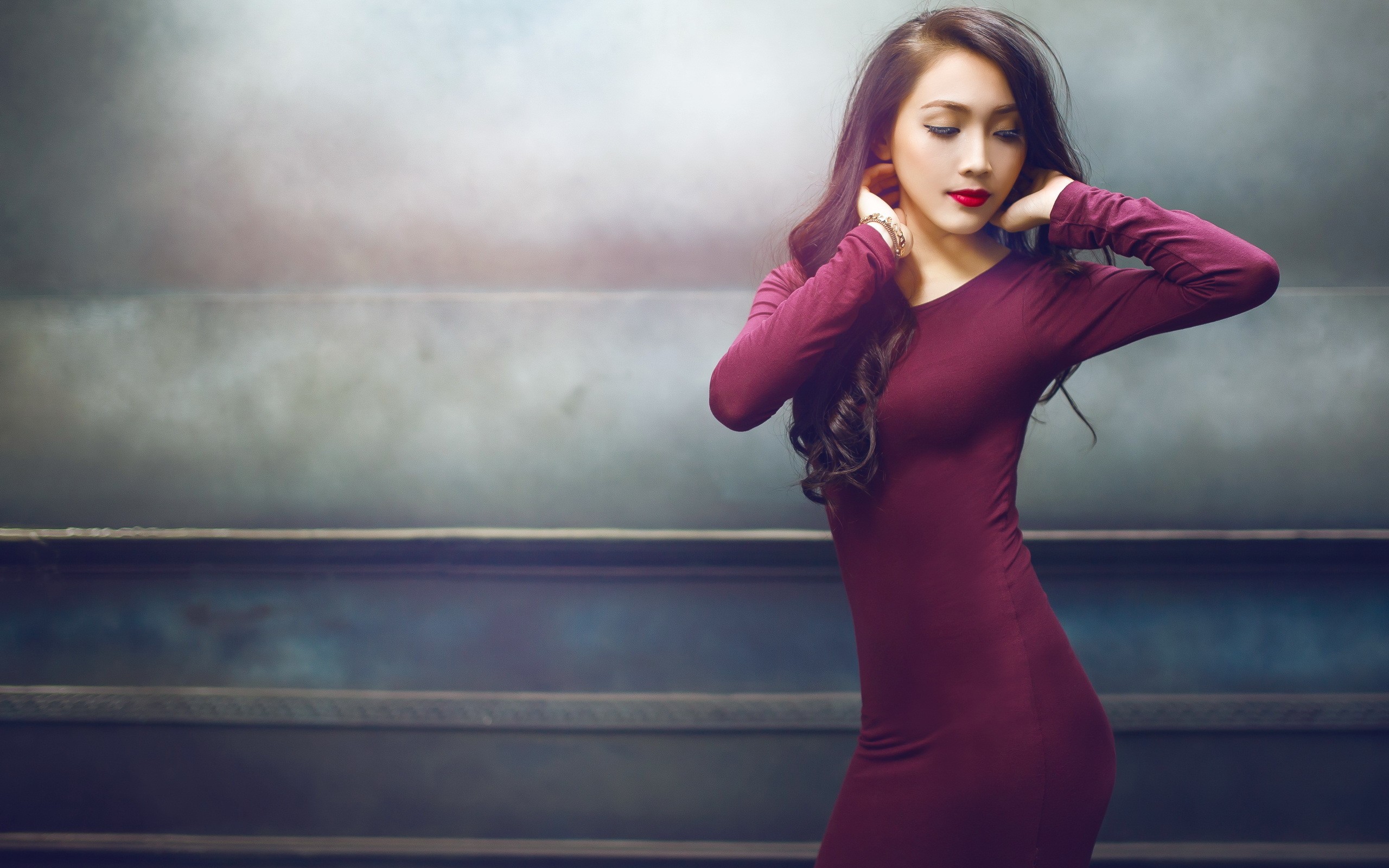 Asian model in a maroon dress HD Wallpaper