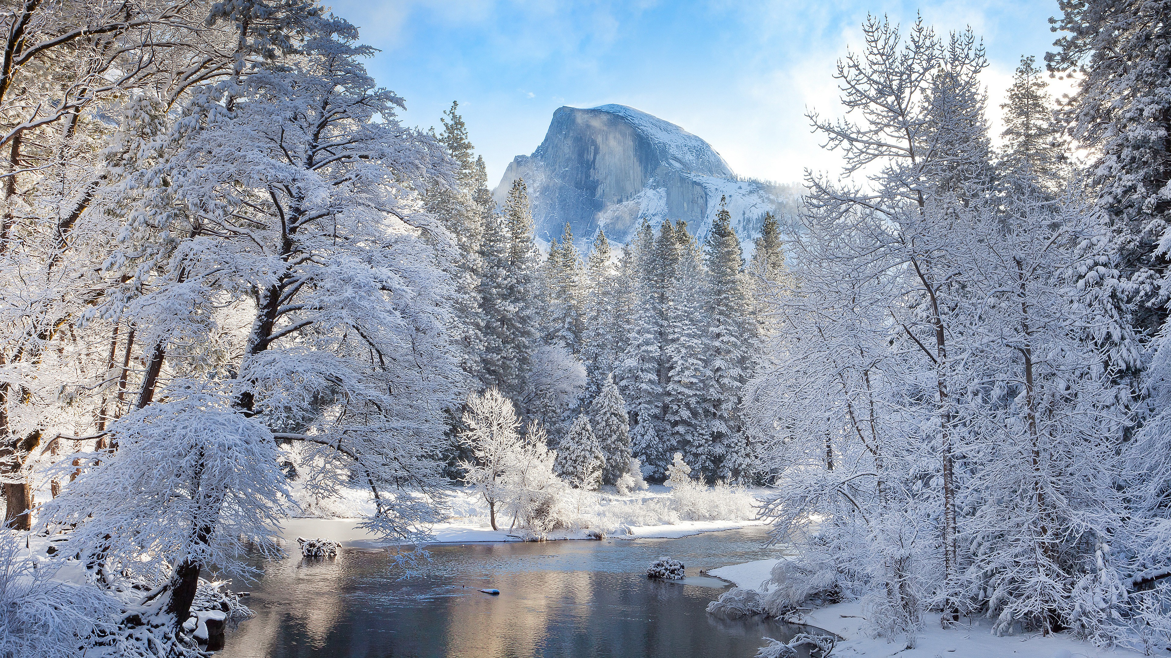 Snowy river landscape with Half Dome mountain HD Wallpaper