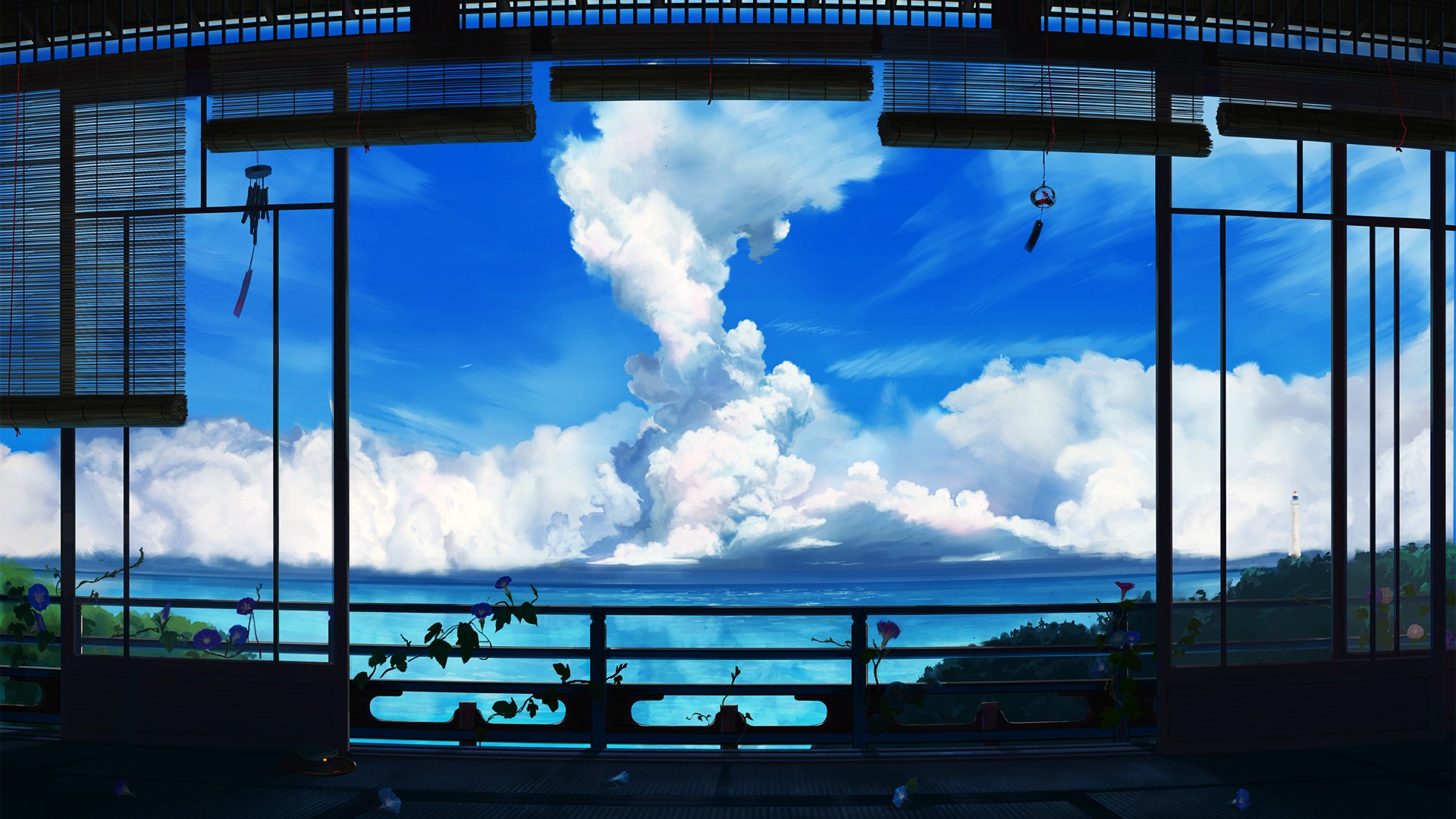 Anime scene with clouds and ocean view from window HD Wallpaper