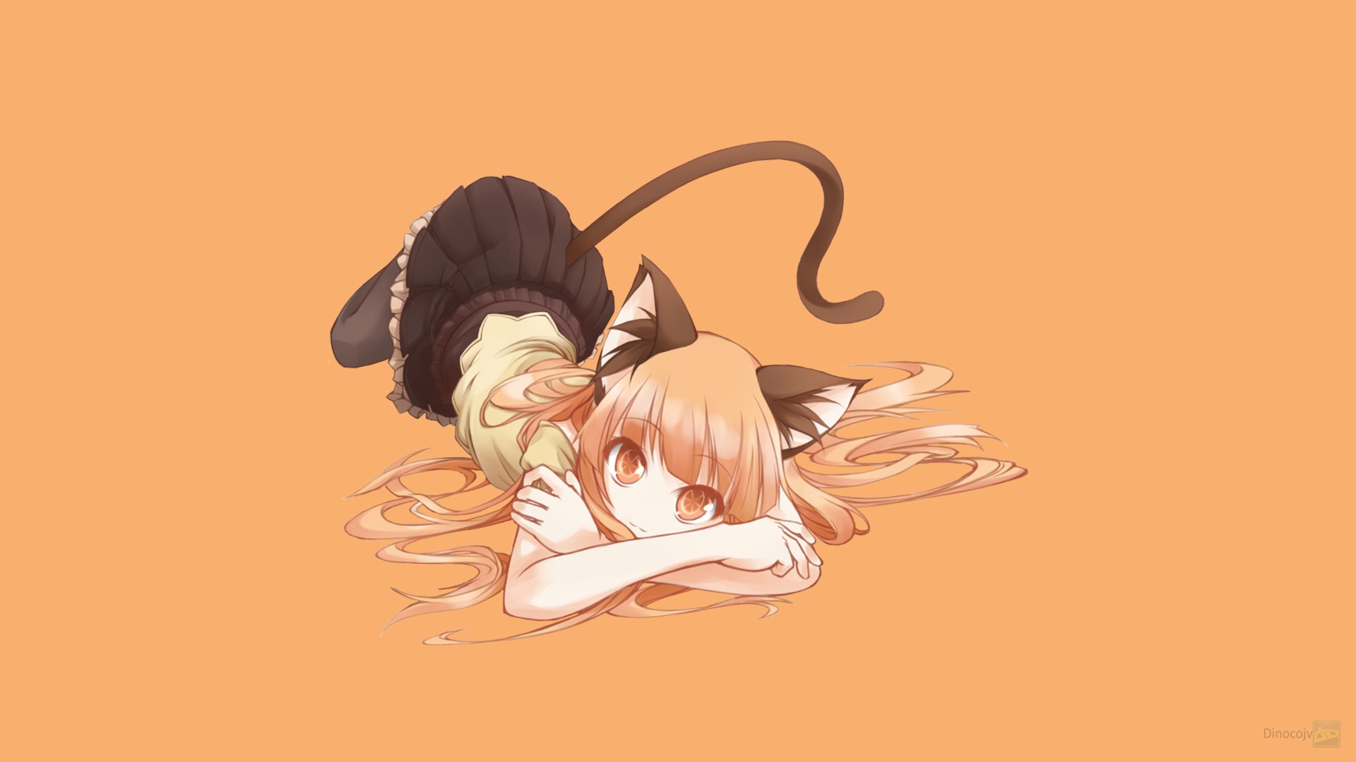 Anime girl with cat ears and tail on orange background HD Wallpaper