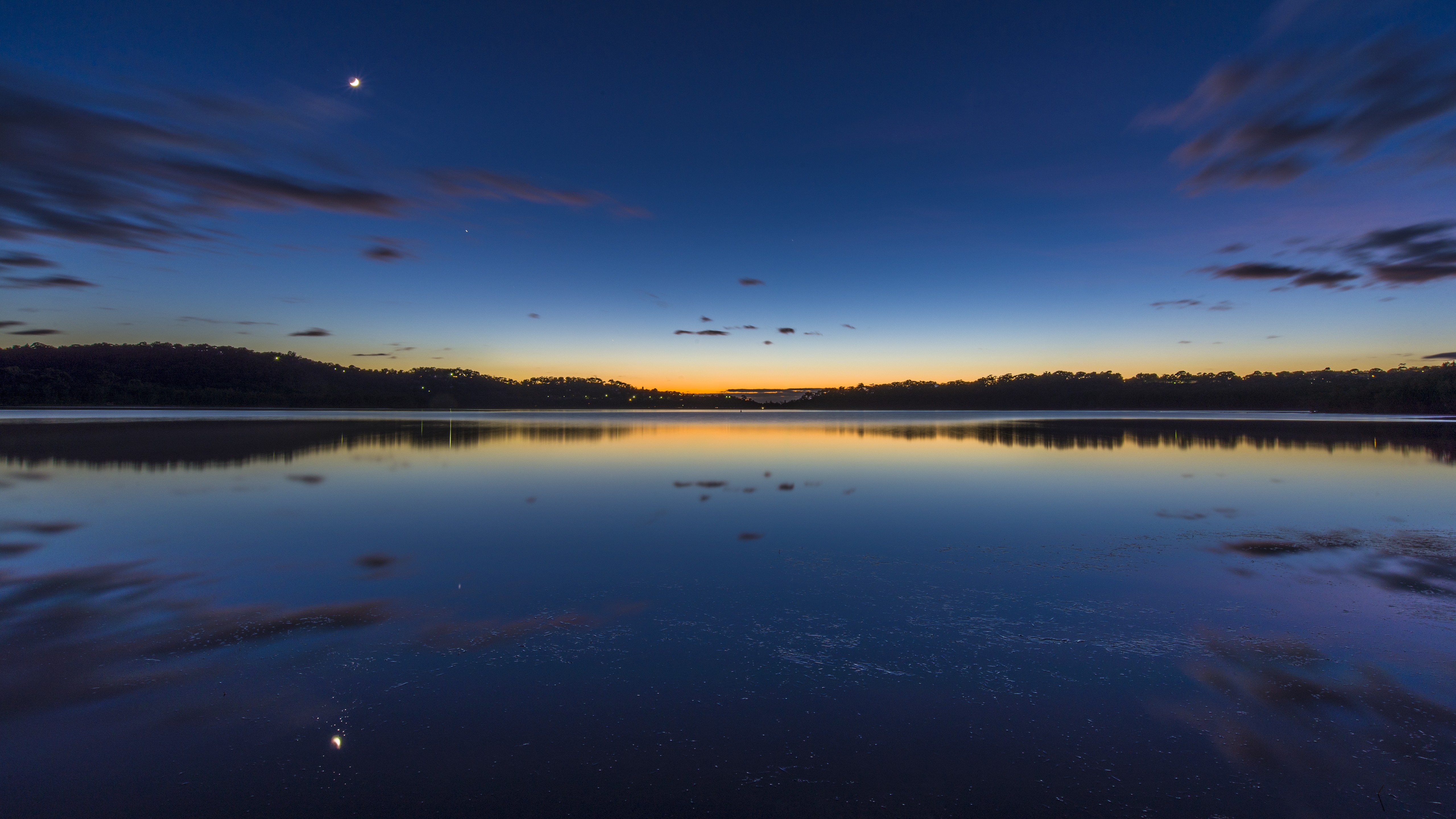 Narabeen Lake at twilight with moon and stars HD Wallpaper