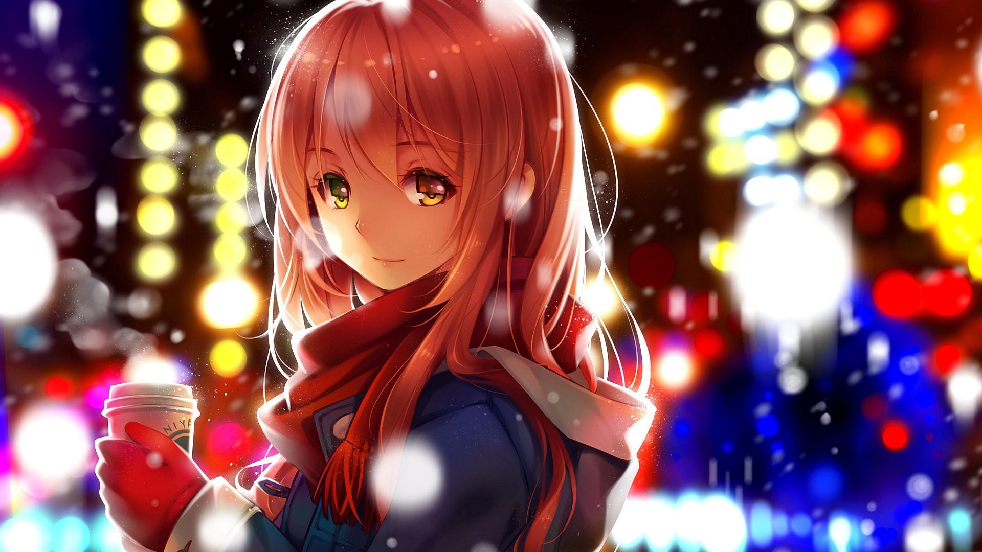 Anime girl with scarf holding coffee cup in snow HD Wallpaper