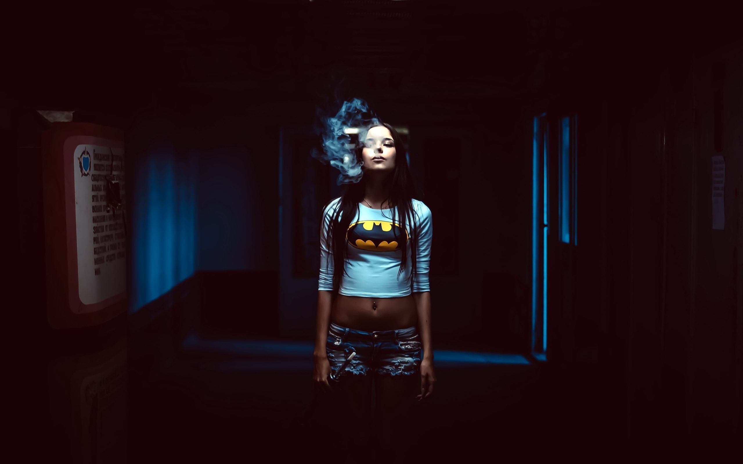 Woman smoking with Batman logo shirt HD Wallpaper