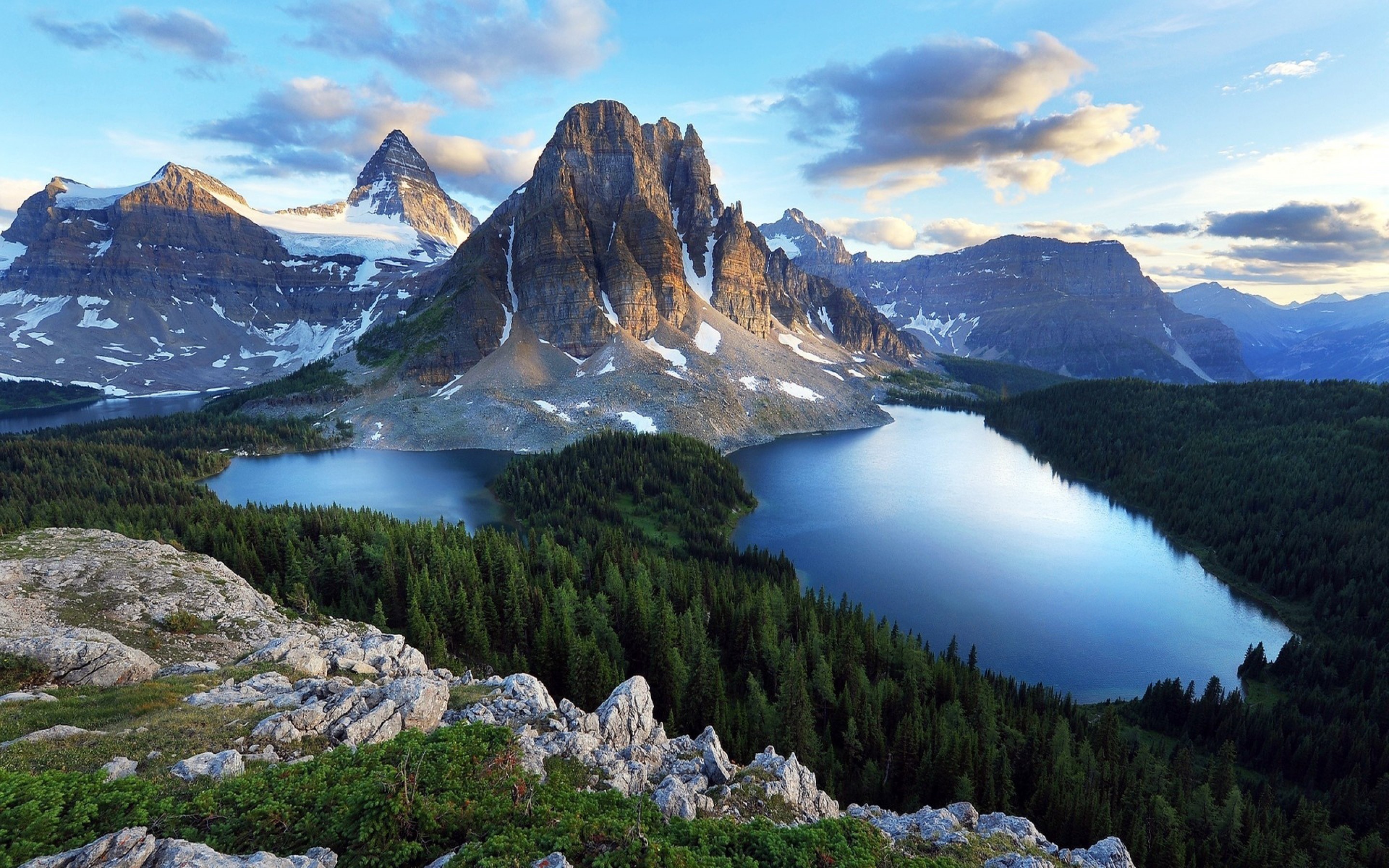 Lake and mountains in a forest landscape HD Wallpaper