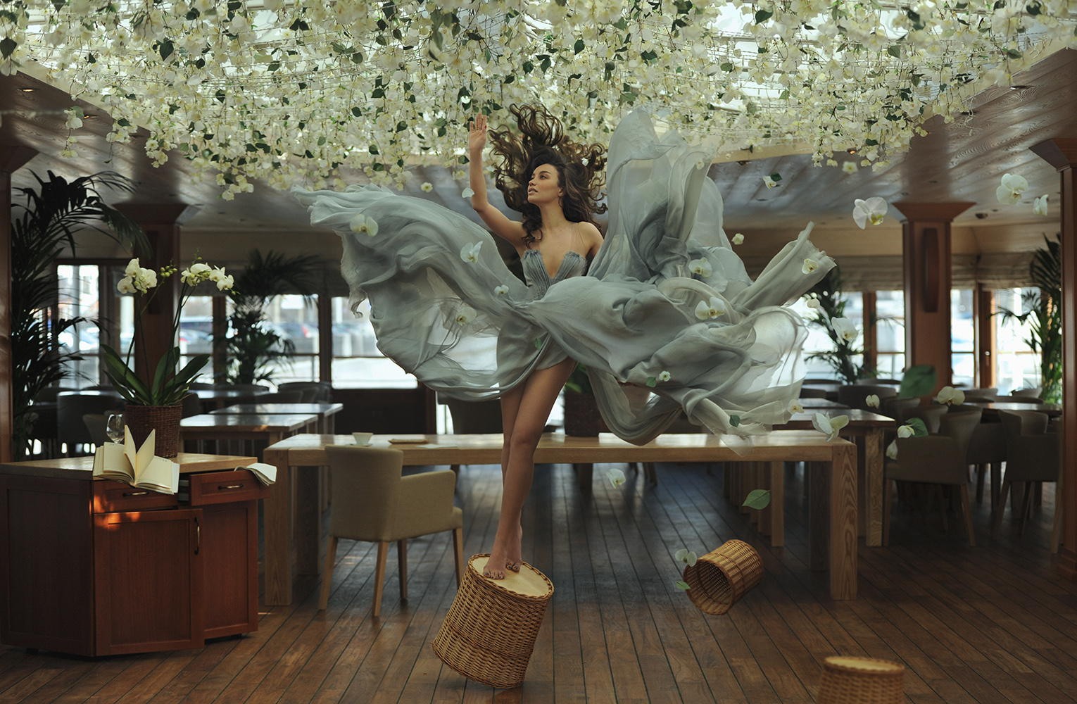 baskets, brunette, dress, flowers, model, books, barefoot, standing, petals HD Wallpaper