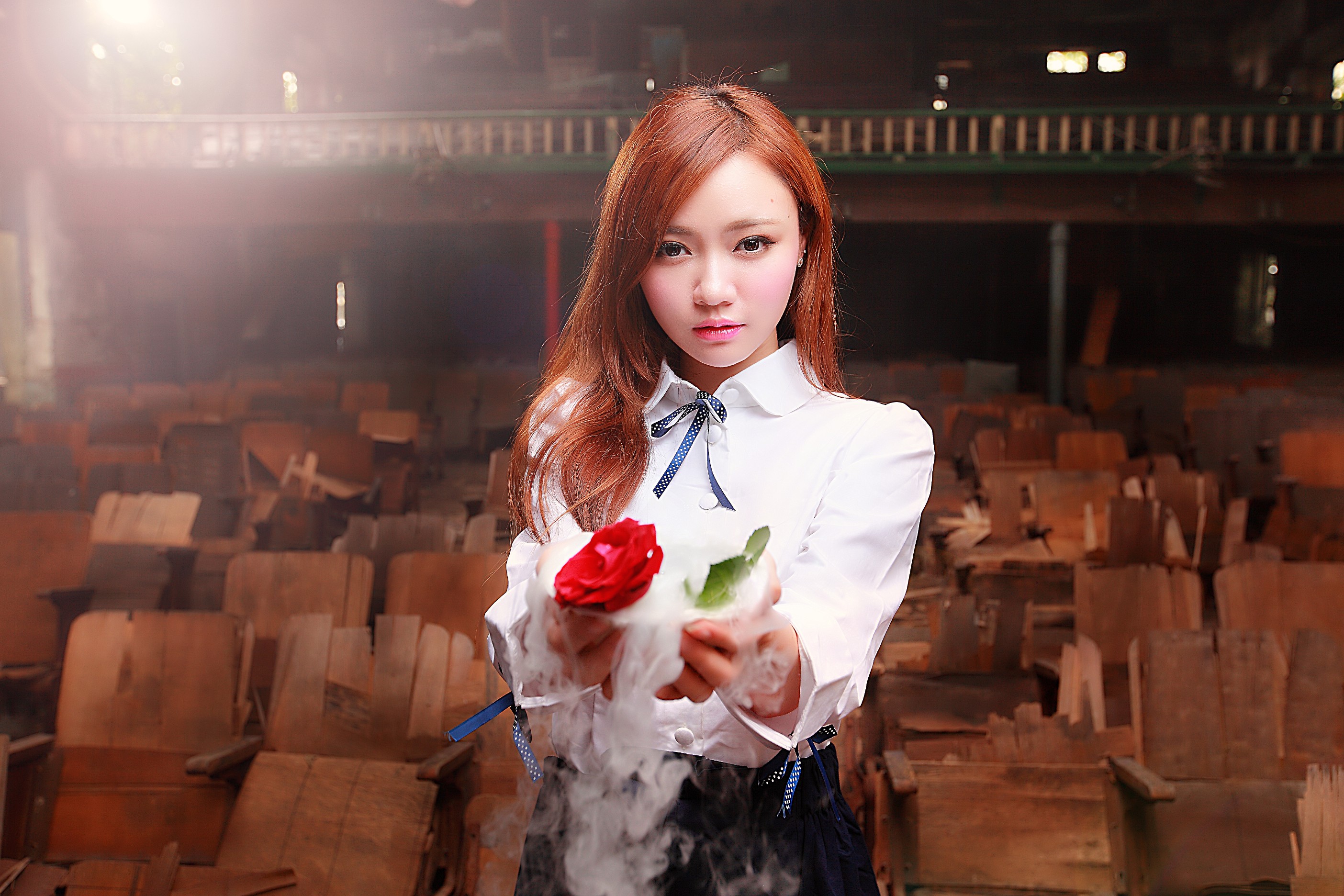 Asian woman holding a red rose with smoke HD Wallpaper