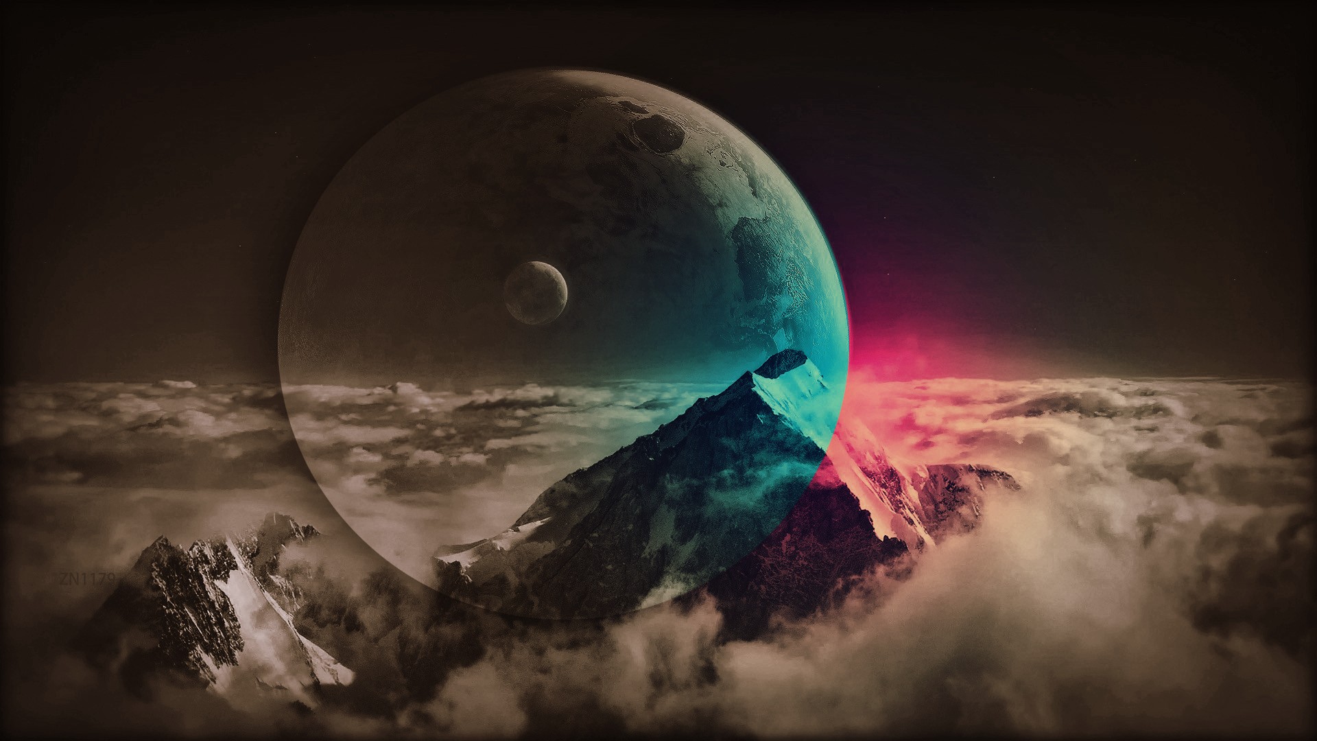 Surreal planet and moon over mountains and clouds HD Wallpaper