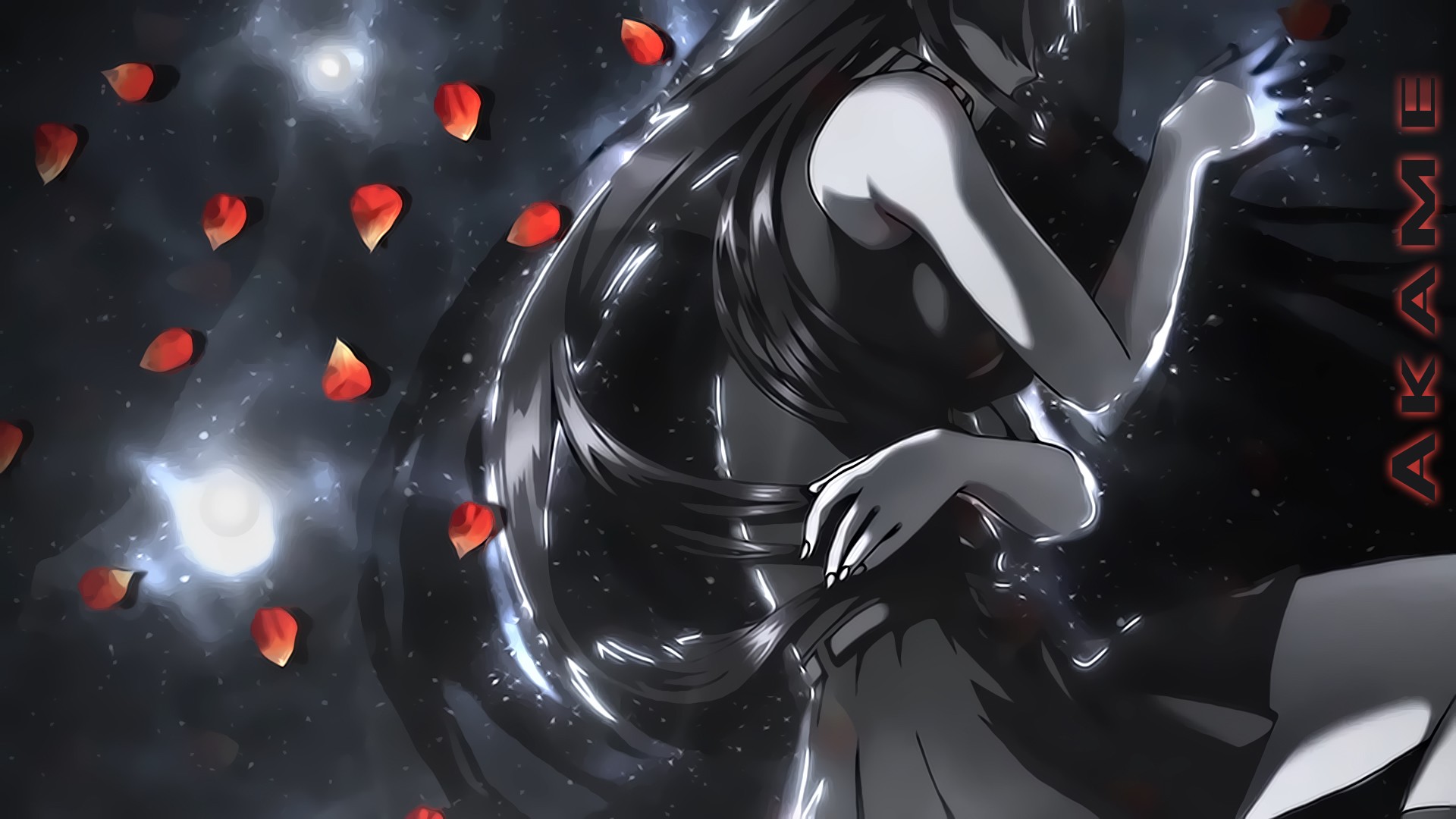 Akame from Akame ga Kill! with rose petals HD Wallpaper