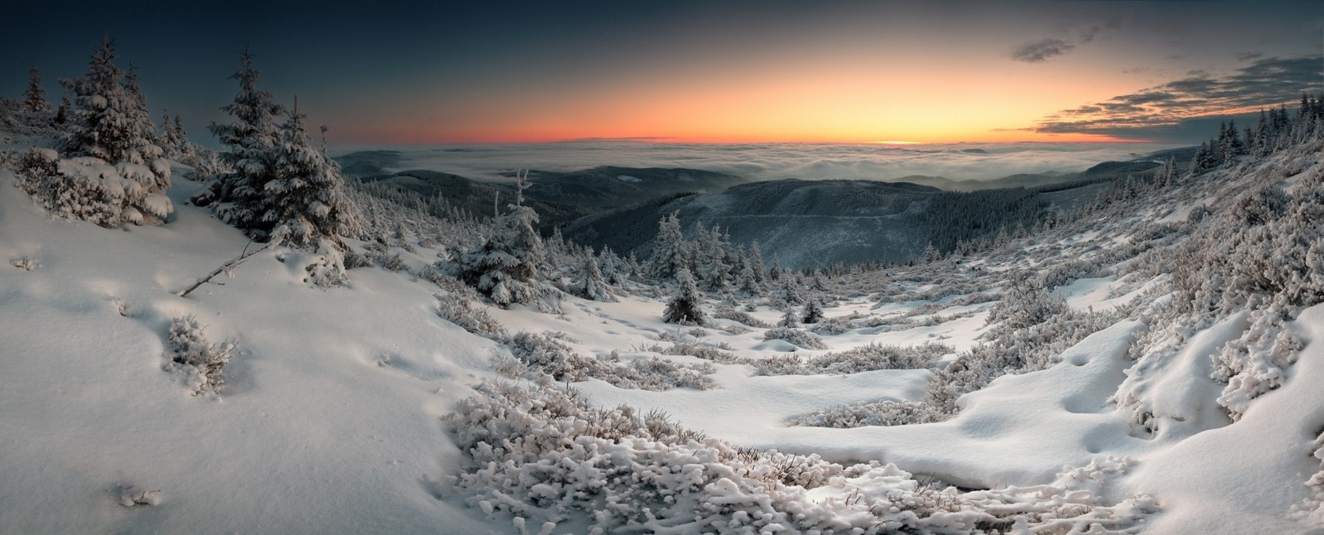 Snowy mountain valley panorama at sunset HD Wallpaper