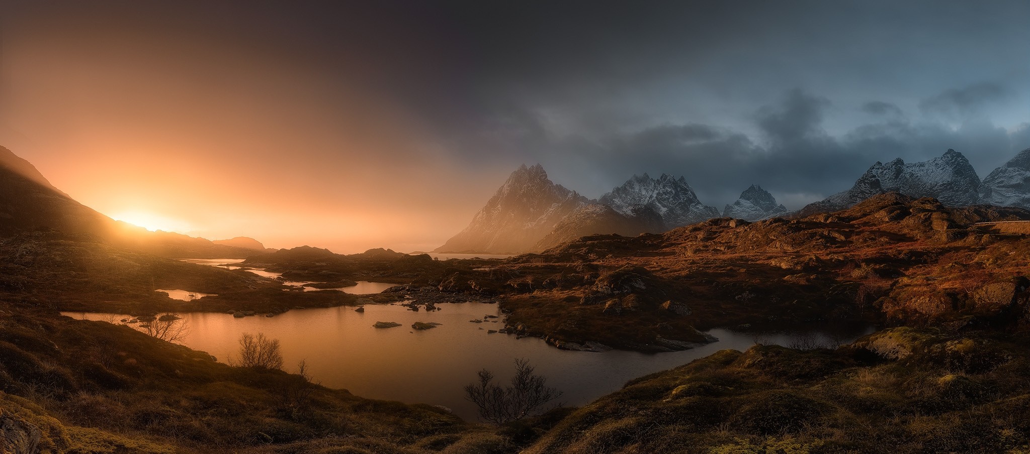 Sunset over mountains and ponds in Lofoten Islands, Norway HD Wallpaper