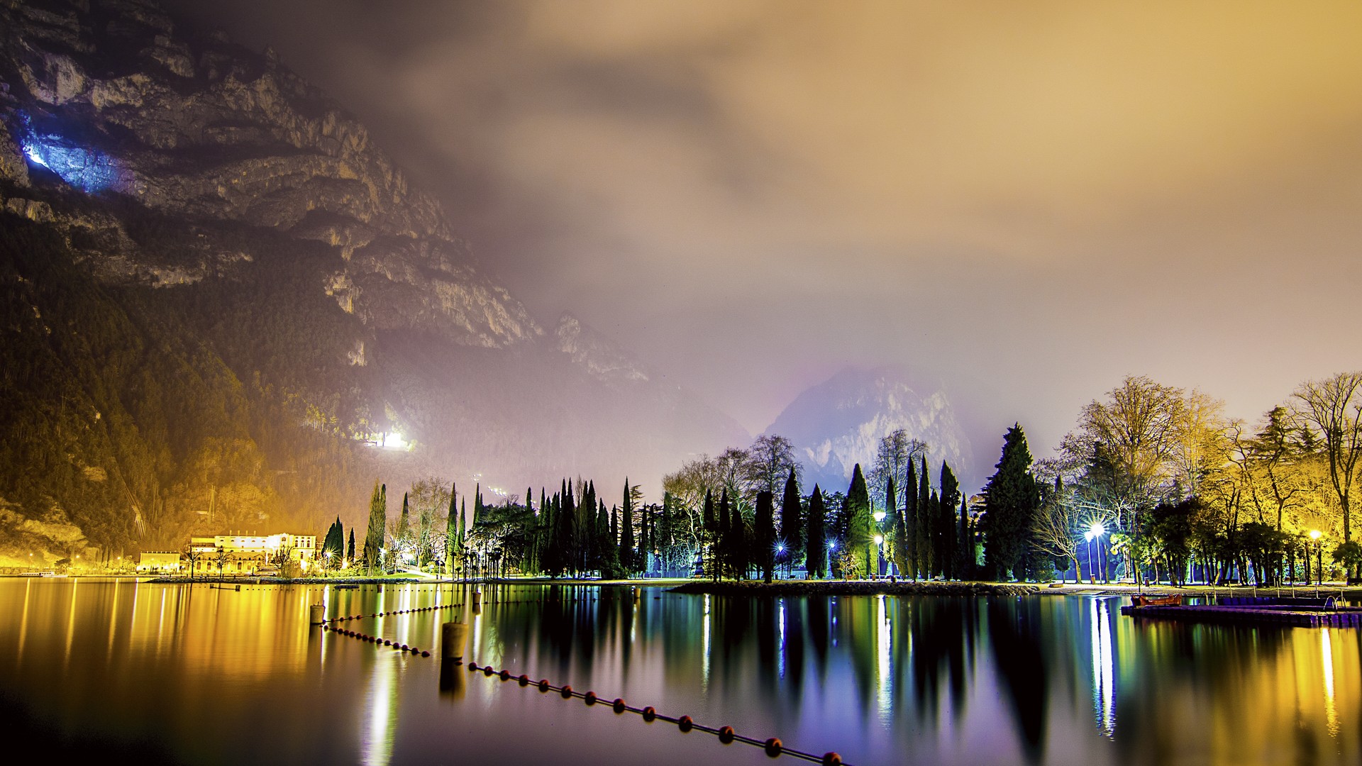 Night landscape with lake, trees, and mountains HD Wallpaper