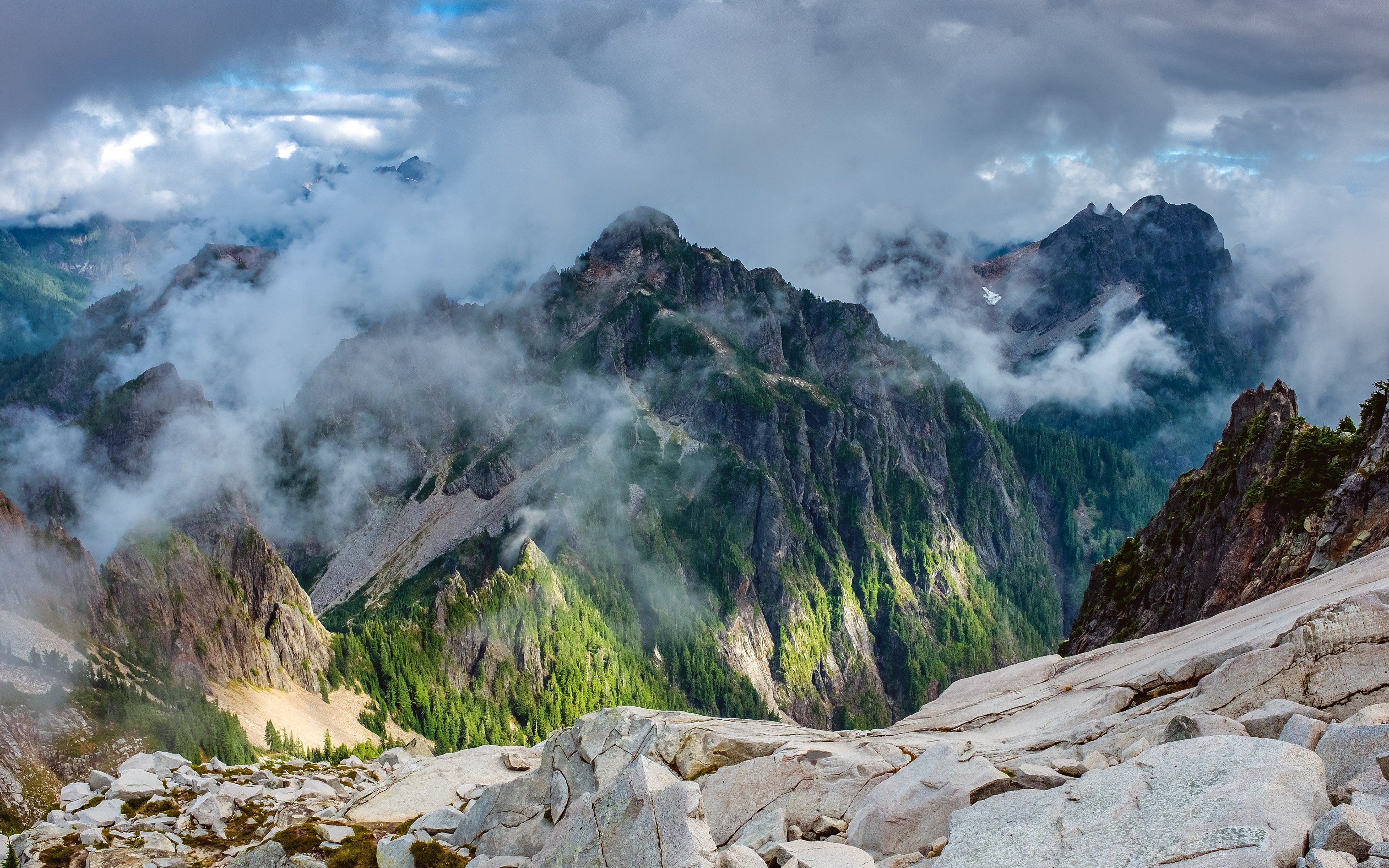 Misty Mountain Landscape with Rocky Foreground HD Wallpaper