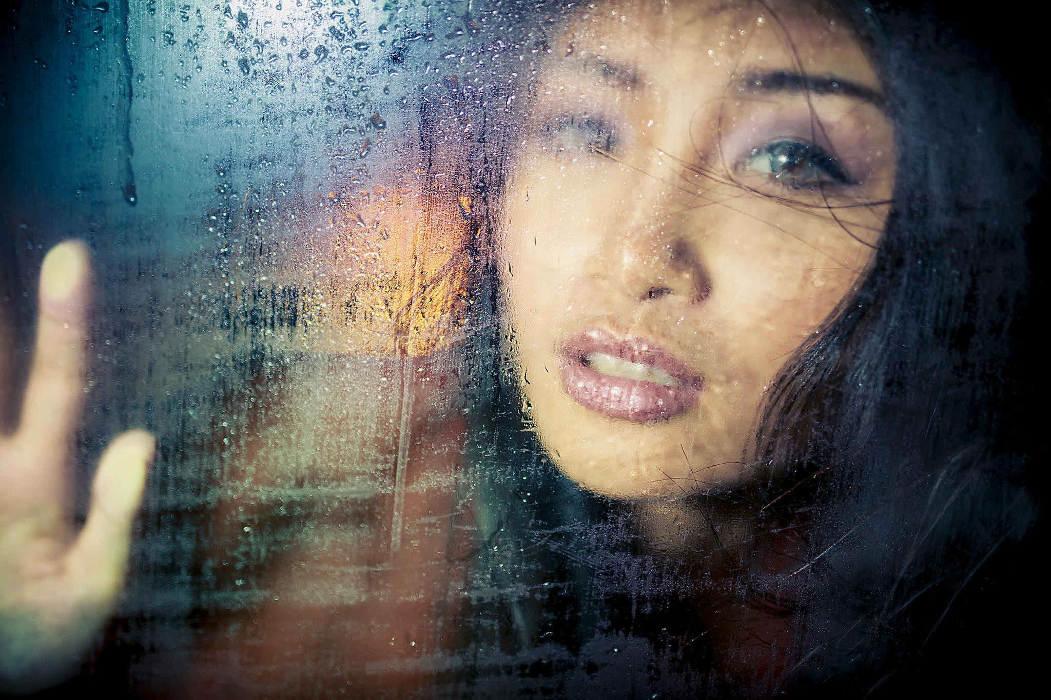 Asian woman with water drops on glass HD Wallpaper