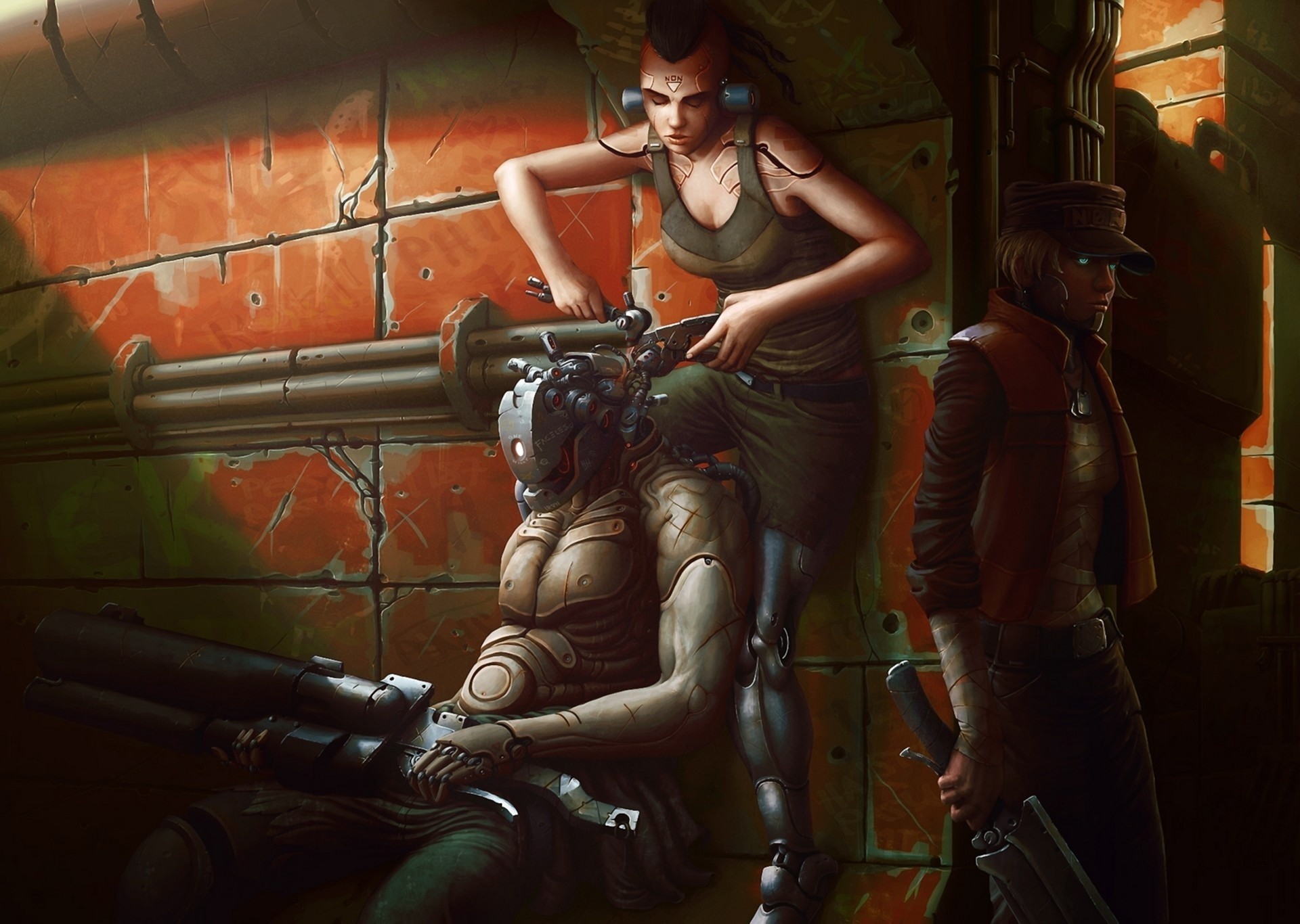 Futuristic artwork of robots and women with weapons HD Wallpaper
