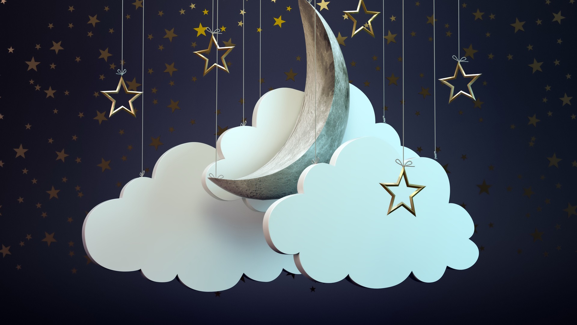 3D fantasy art of a crescent moon and clouds with stars HD Wallpaper