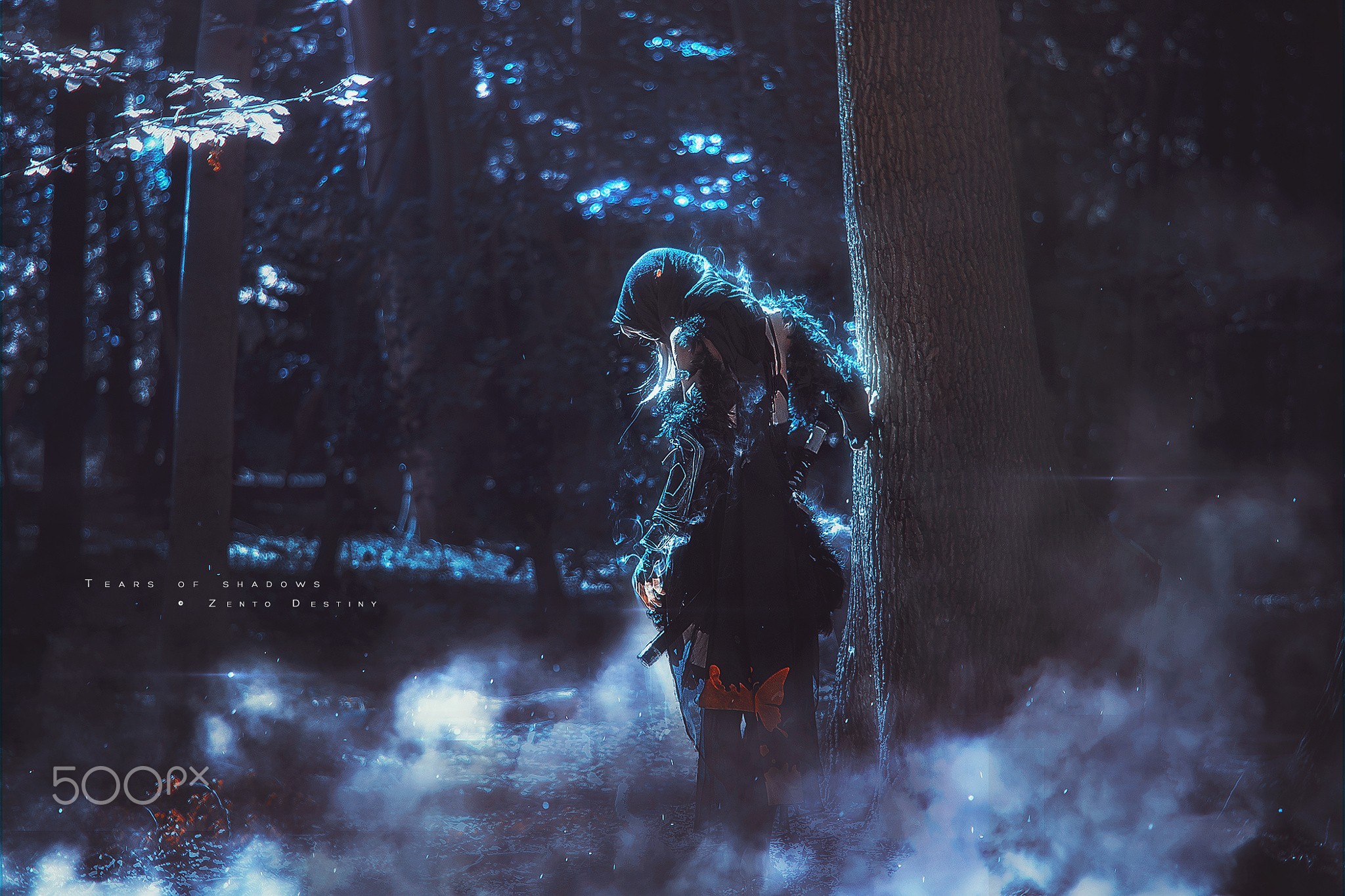 Cosplayer in dark forest with blue light effects HD Wallpaper