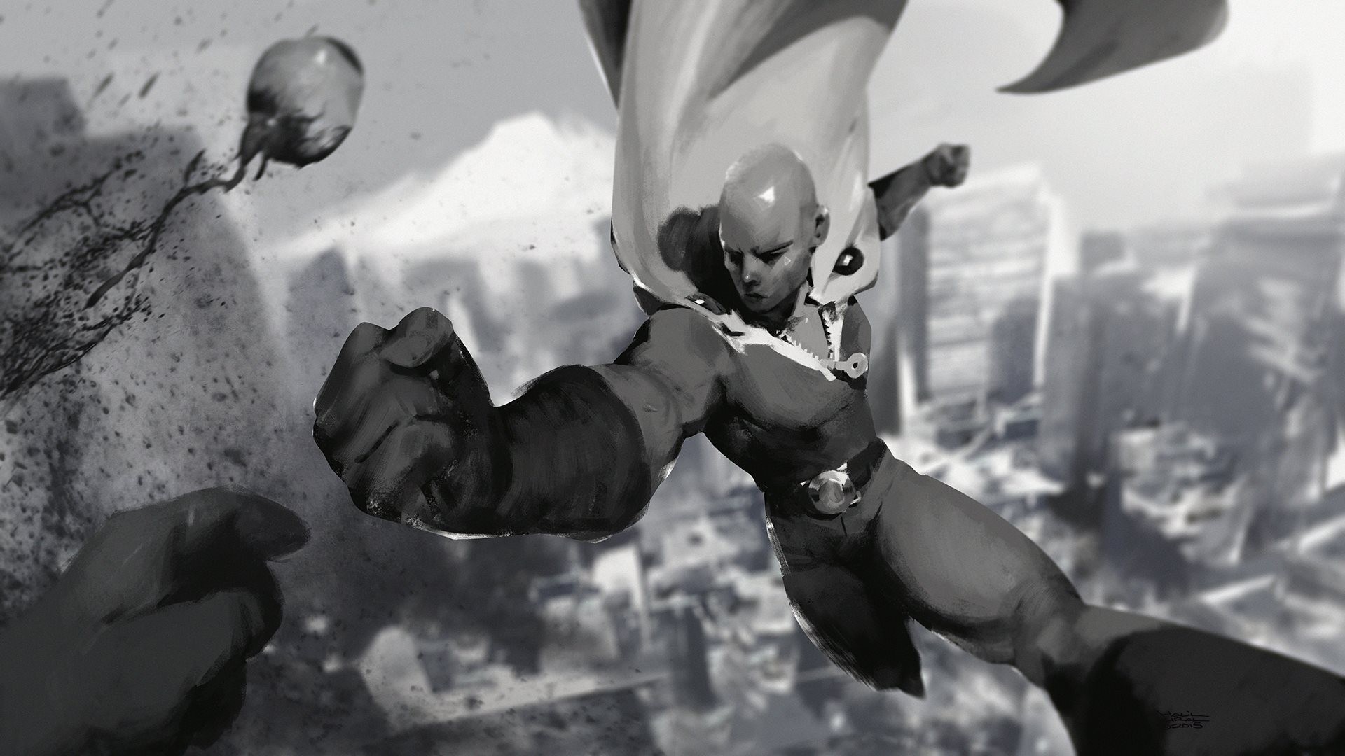 Saitama from One-Punch Man in a city battle HD Wallpaper