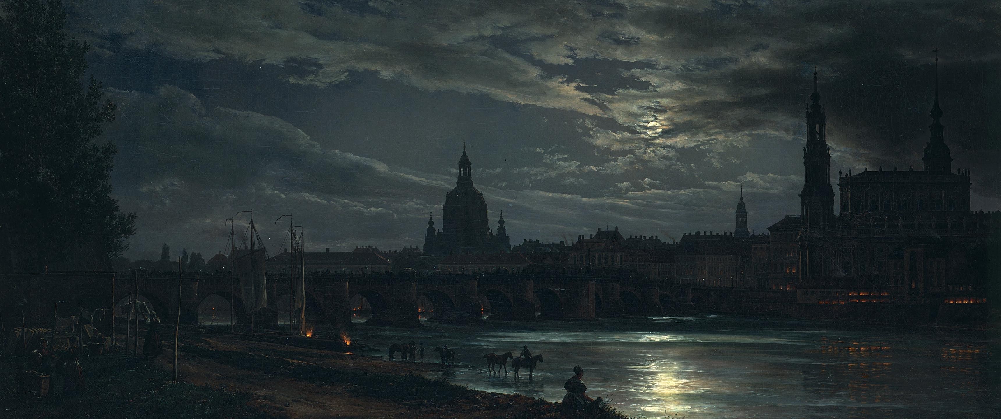 Dresden by moonlight with a bridge and river HD Wallpaper