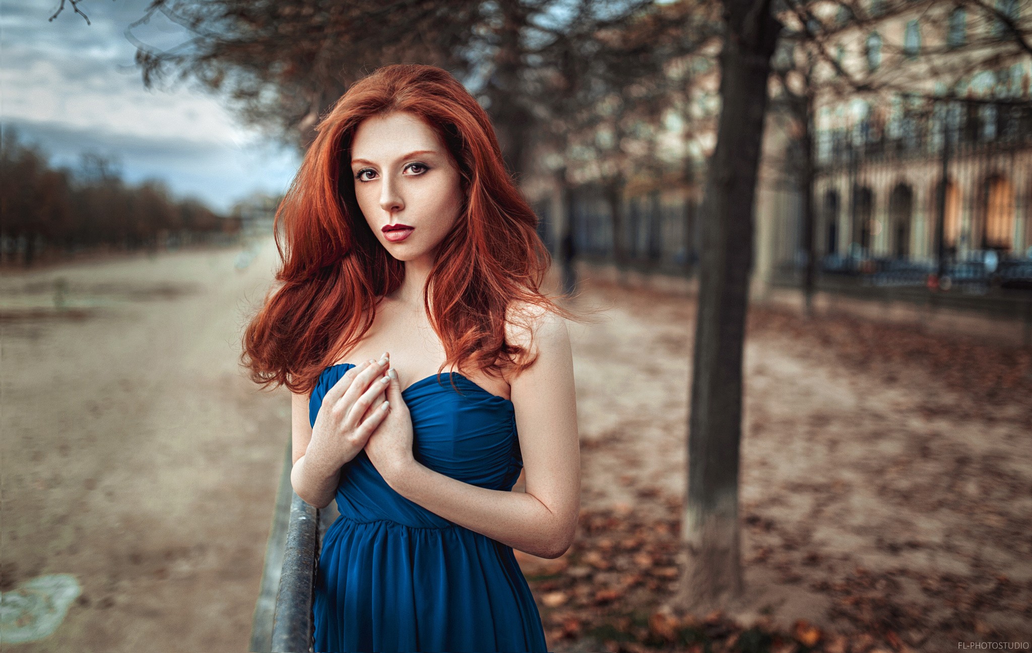 Woman with red hair in a blue dress HD Wallpaper