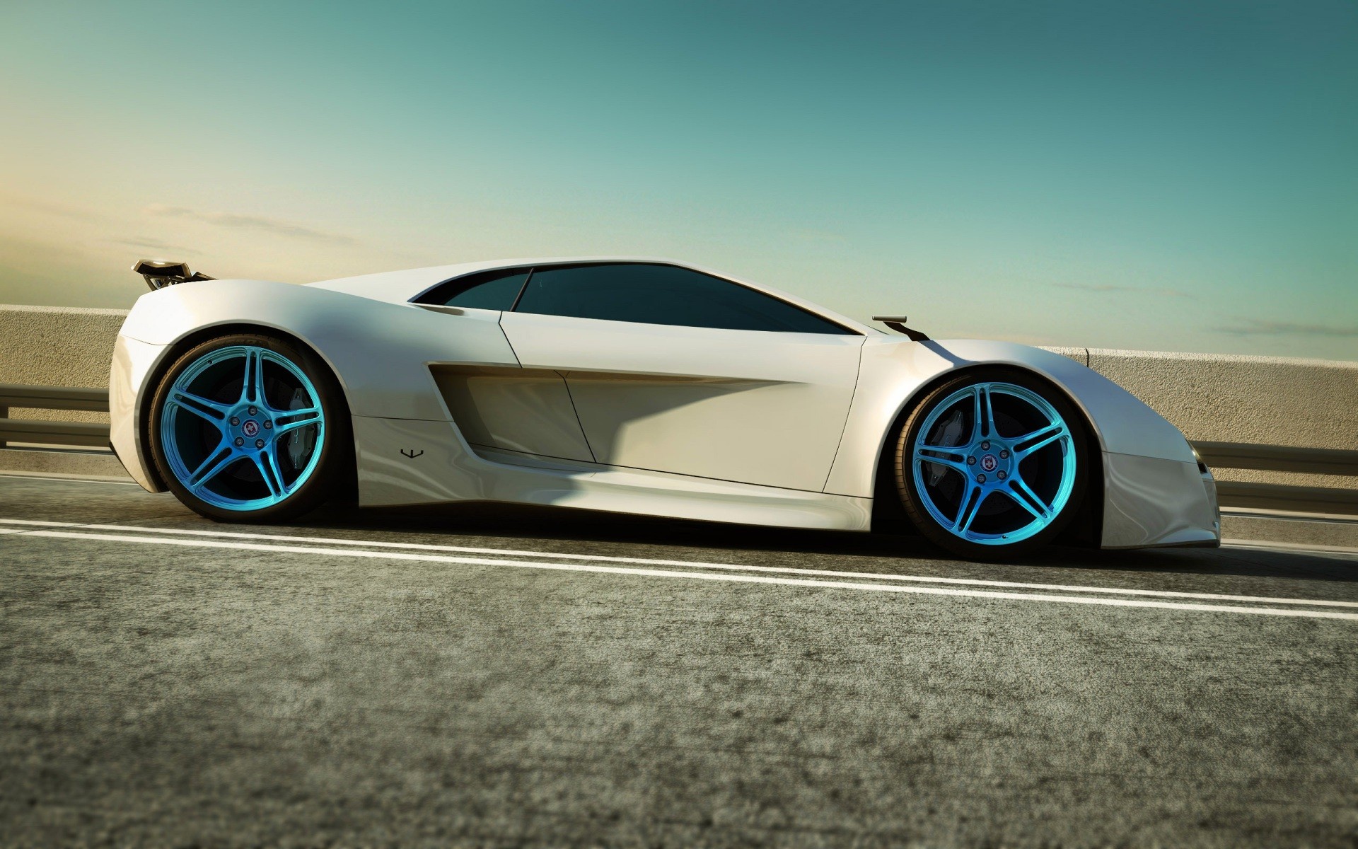 White supercar with blue rims on a road HD Wallpaper