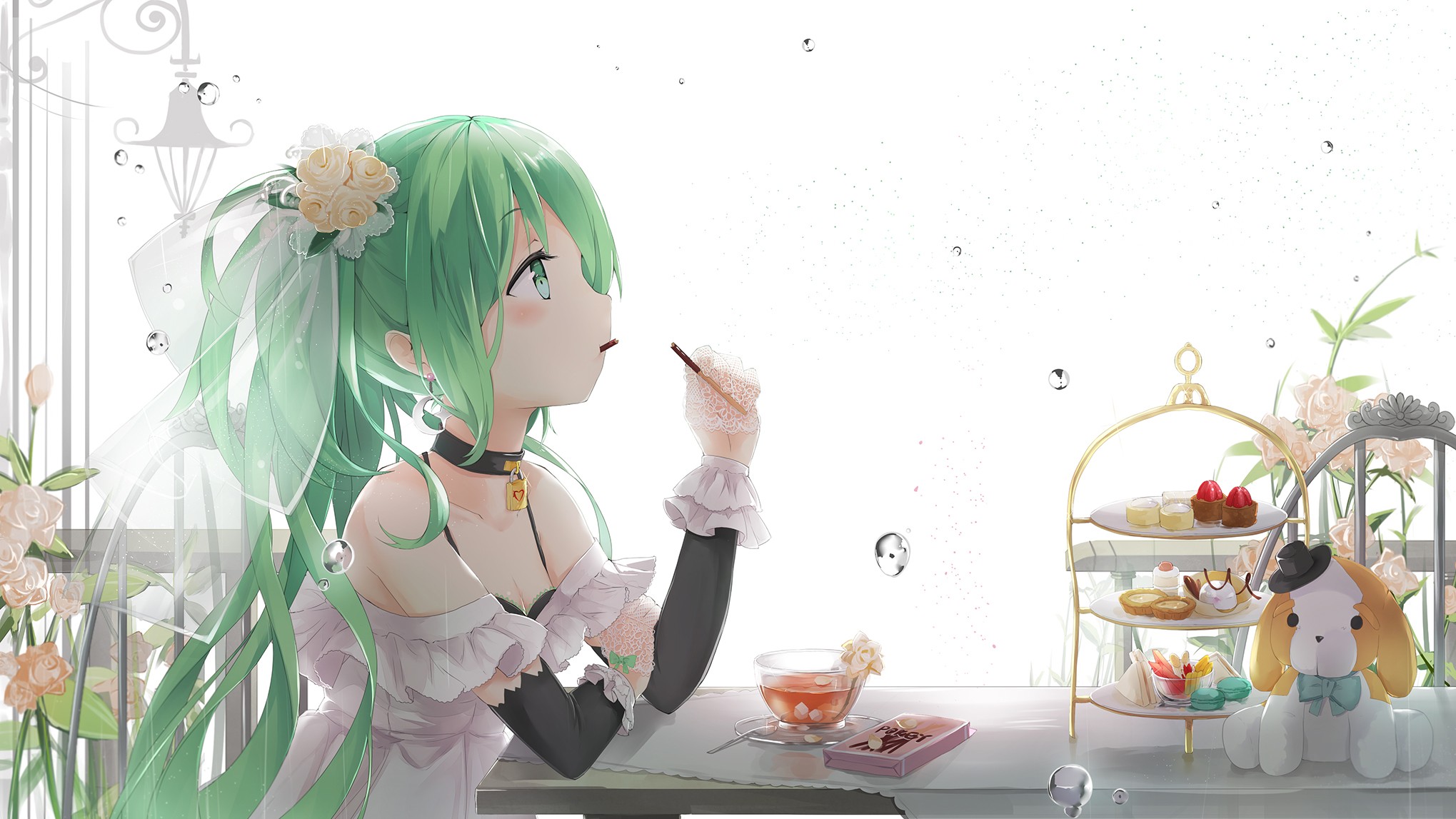 Hatsune Miku having tea with a dog plushie HD Wallpaper