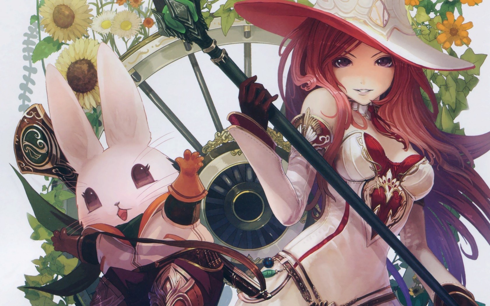Anime girl with staff and rabbit near flowers HD Wallpaper