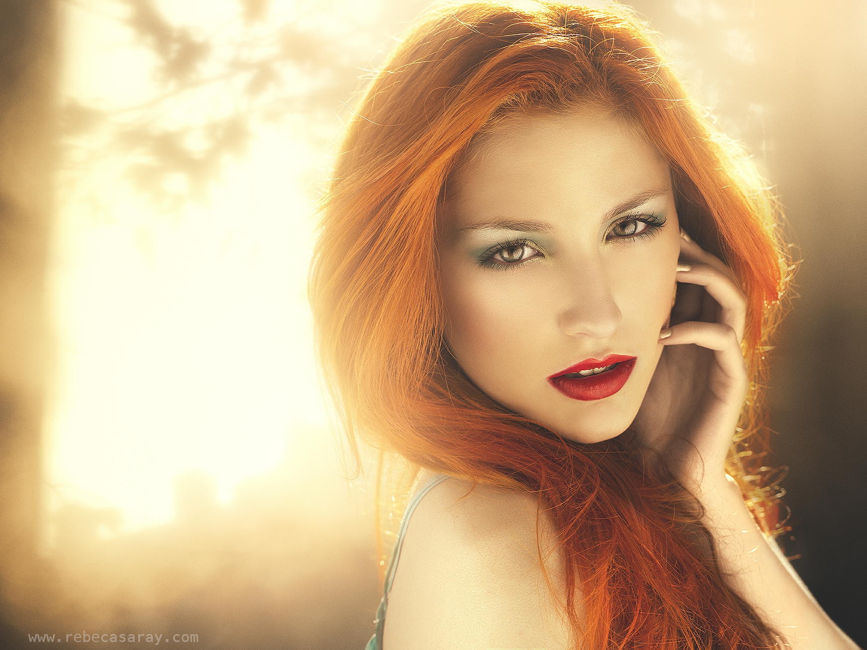 Woman with red hair and red lipstick HD Wallpaper