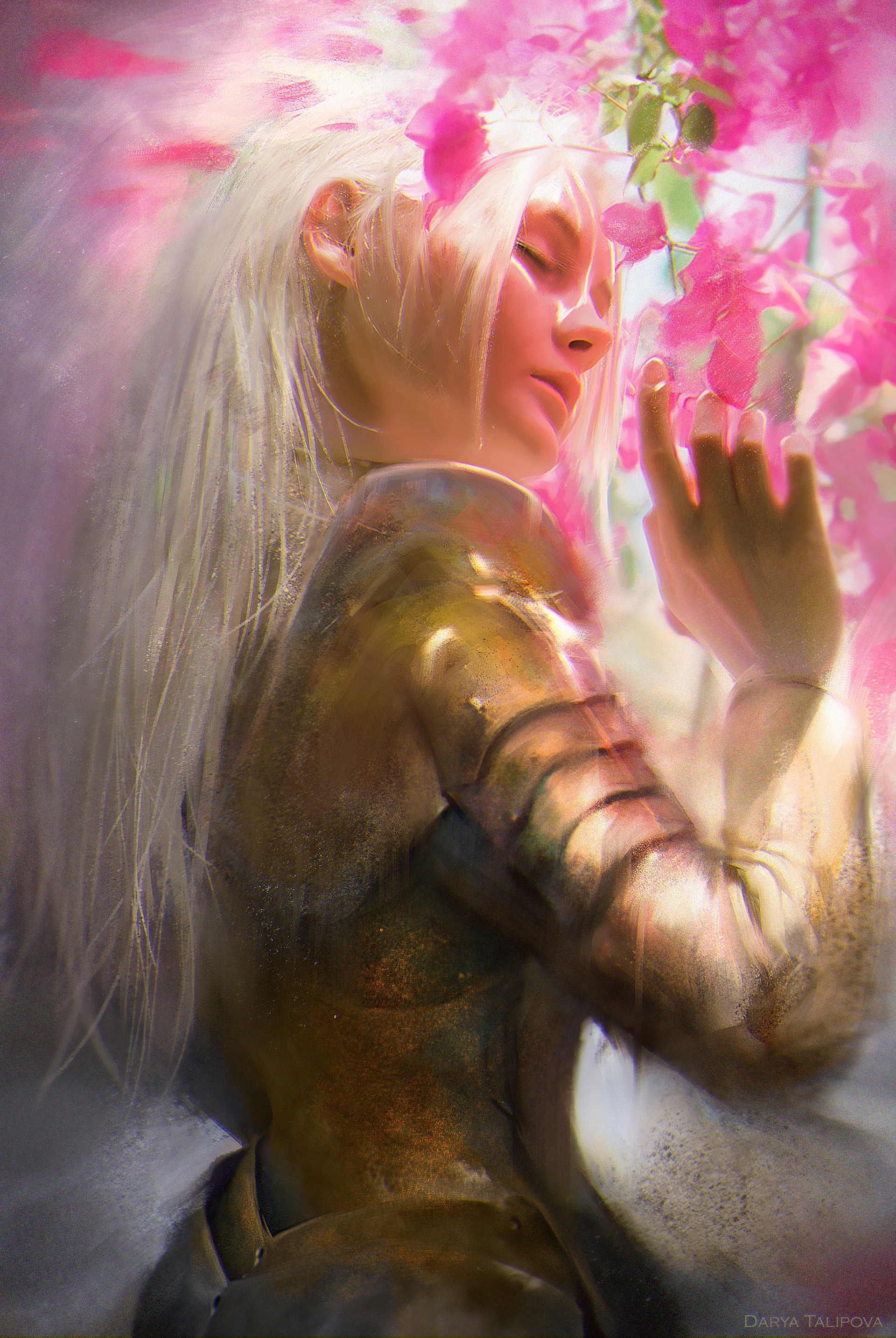 Anime girl with white hair and armor near pink flowers HD Wallpaper