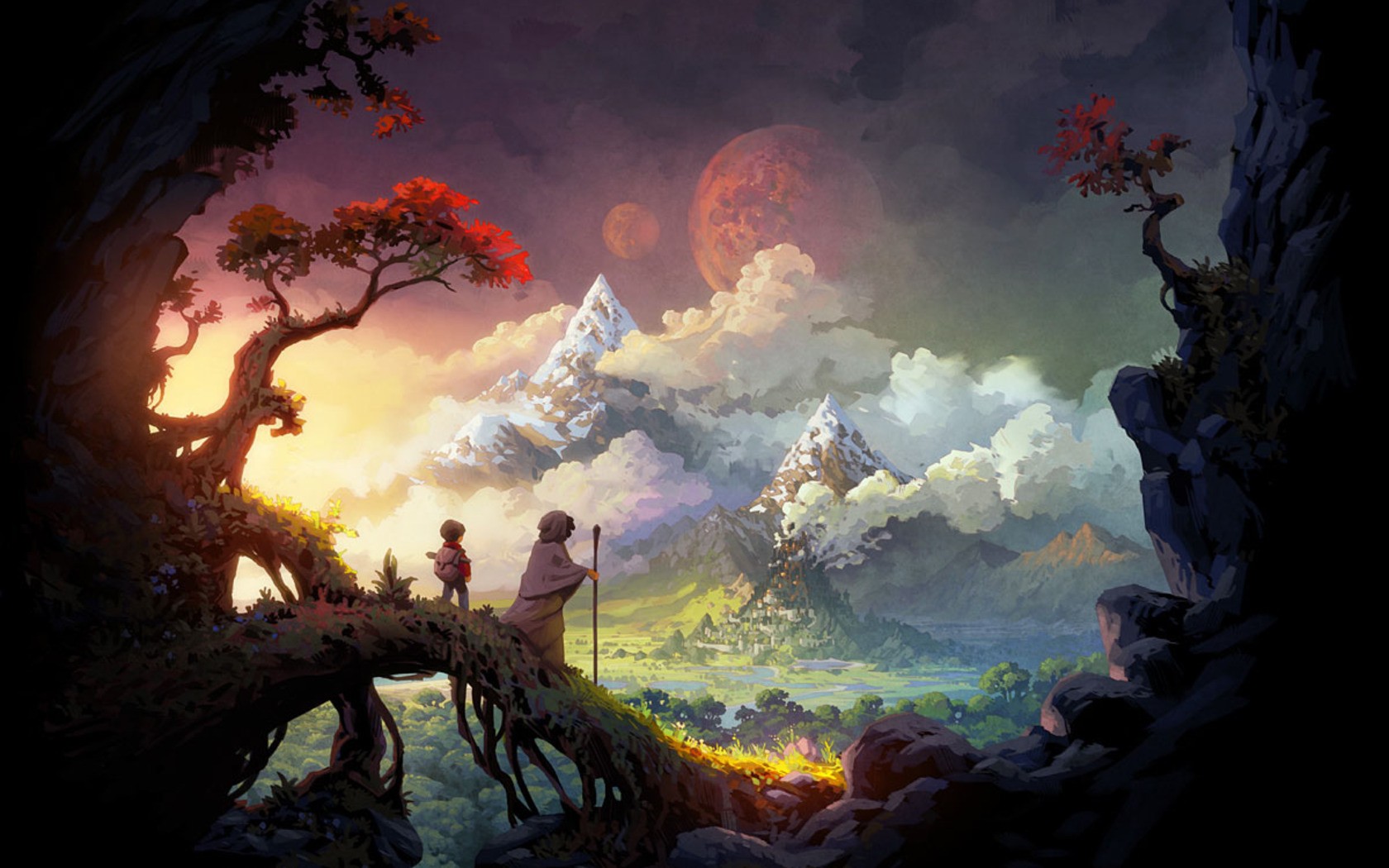 Two figures on a cliff overlooking a fantasy landscape HD Wallpaper