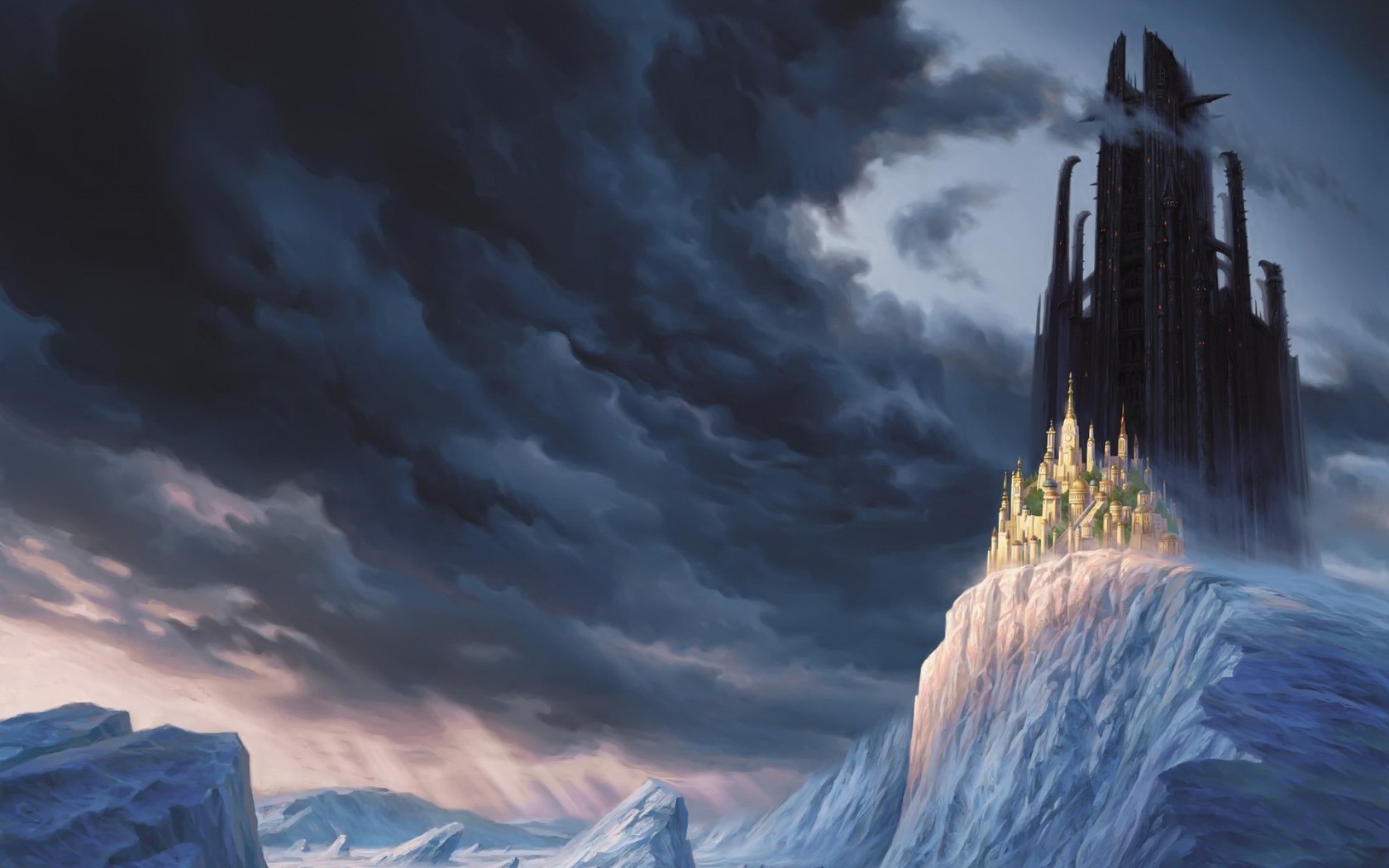 Fantasy castle on a snowy cliff under stormy clouds HD Wallpaper