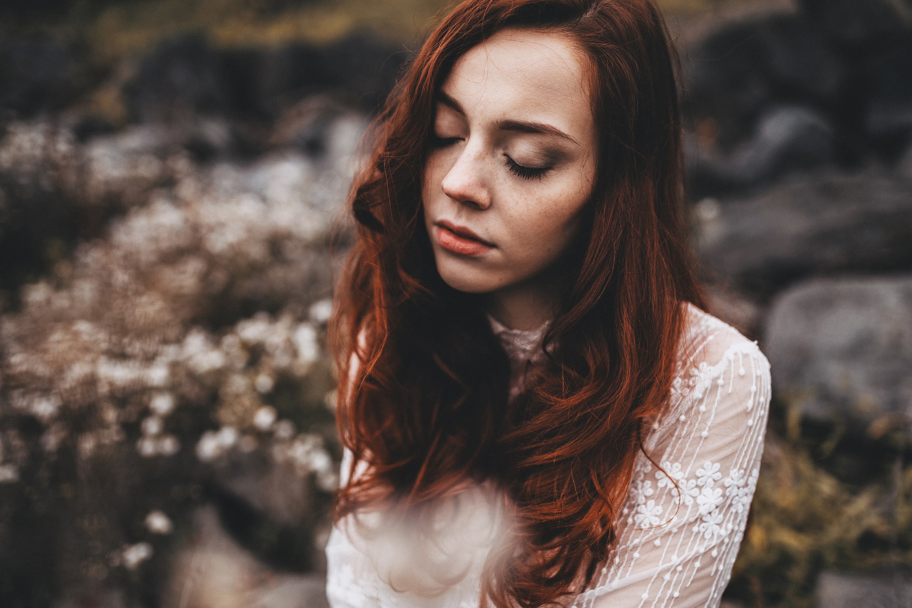 Woman with red hair and freckles outdoors HD Wallpaper