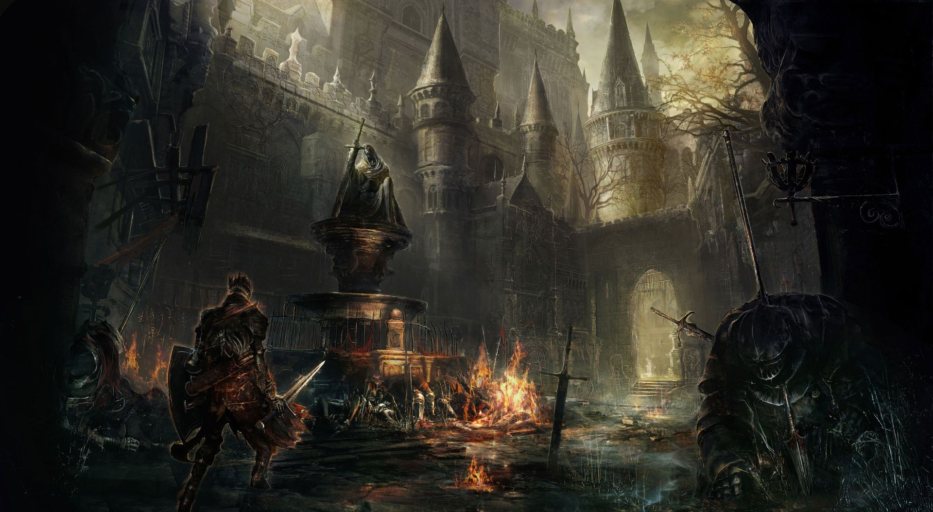 Dark Souls III artwork of a knight in a ruined castle HD Wallpaper