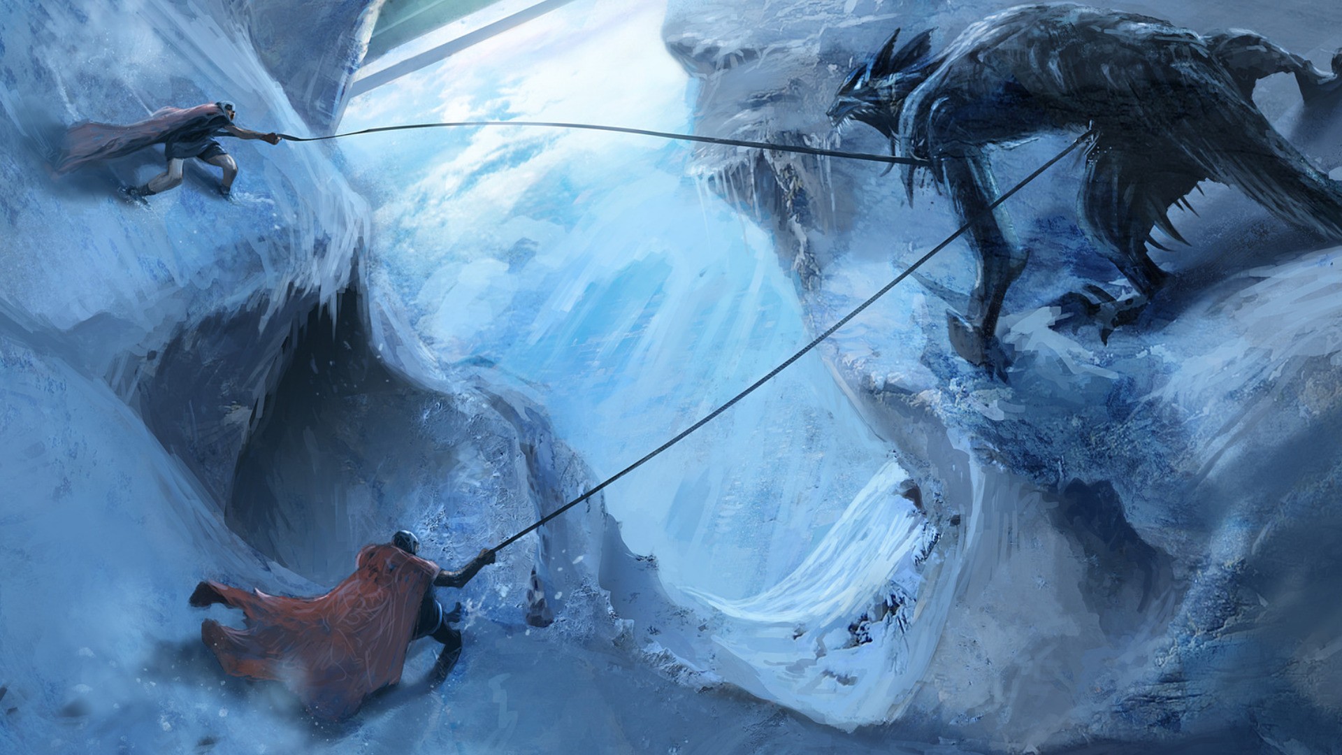 Fantasy art of a creature and climbers in ice HD Wallpaper