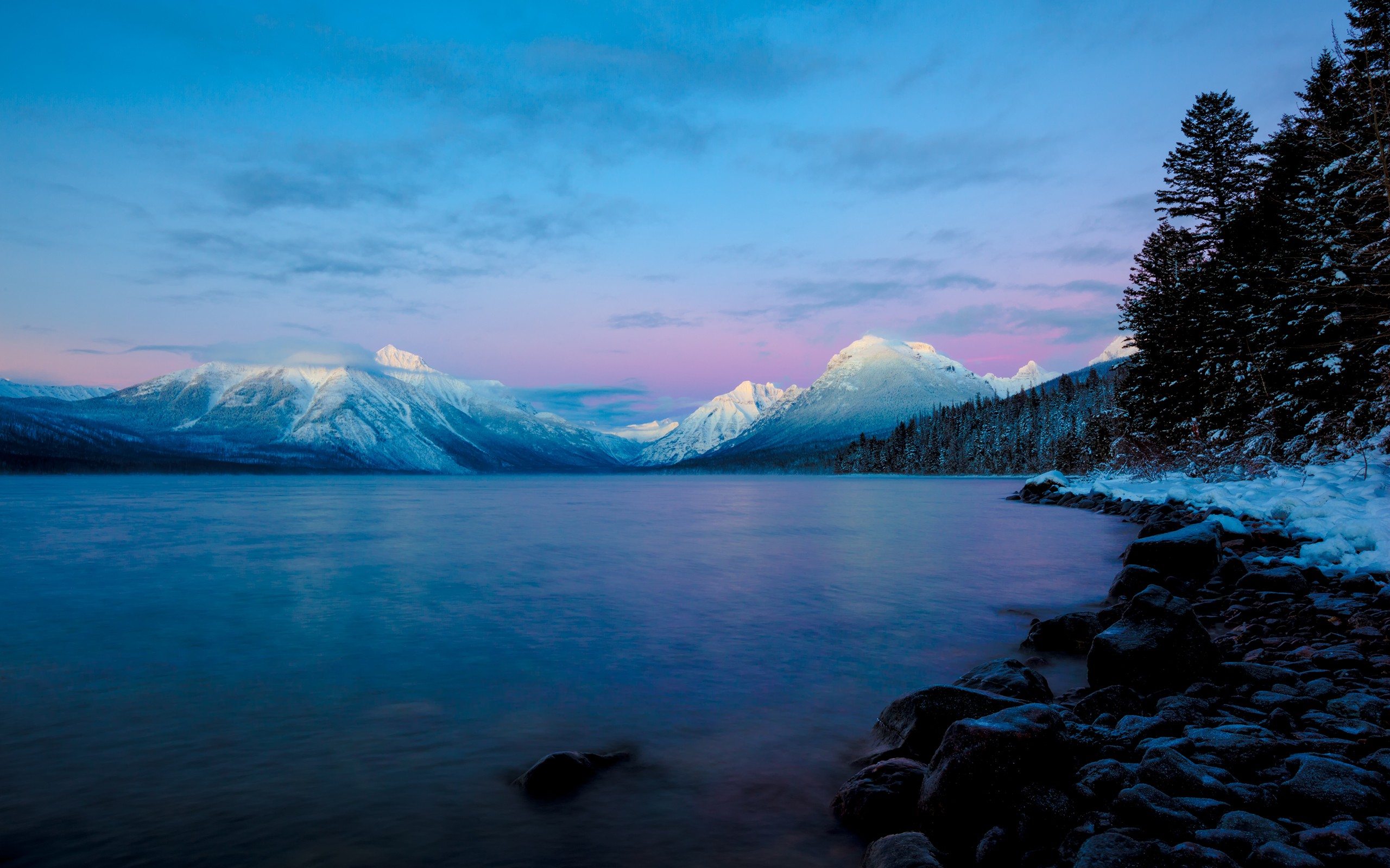 Snowy Mountains and Lake at Dusk HD Wallpaper