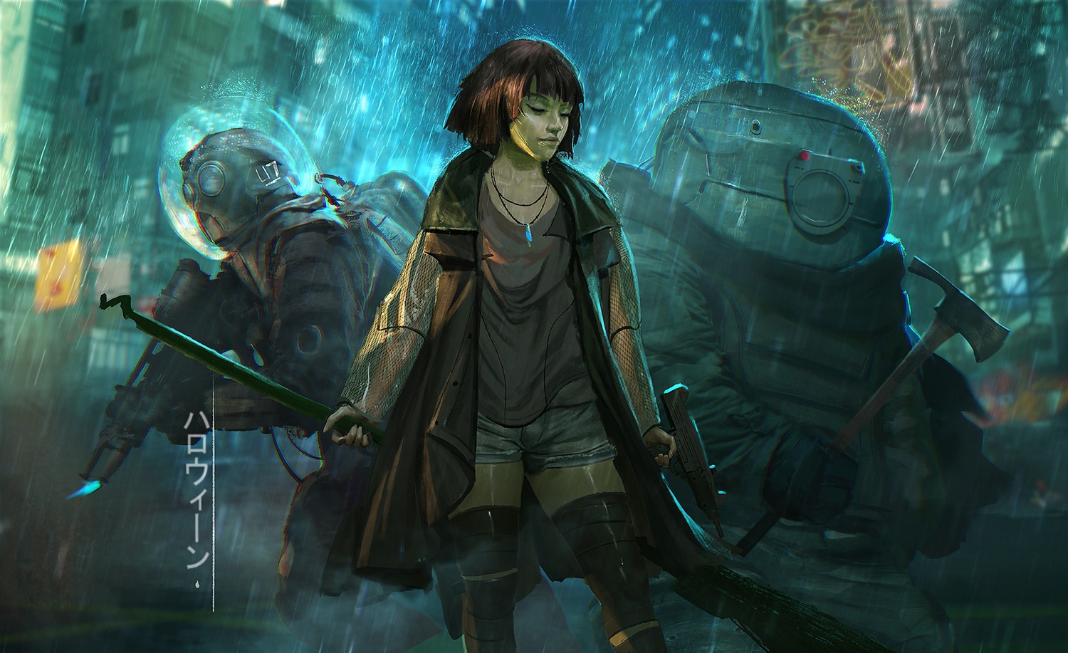 Futuristic Halloween scene with characters in rain HD Wallpaper